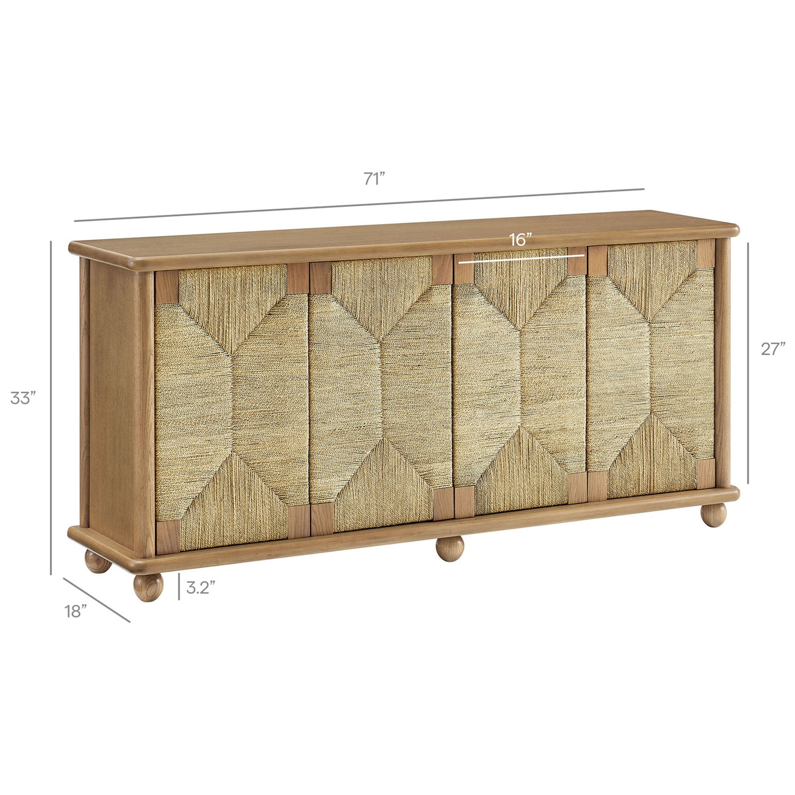 Dimension diagram of oak seagrass sideboard measuring 71 inches wide, 18 inches deep, and 33 inches high || EEI-7451-OAK || dimension_studio