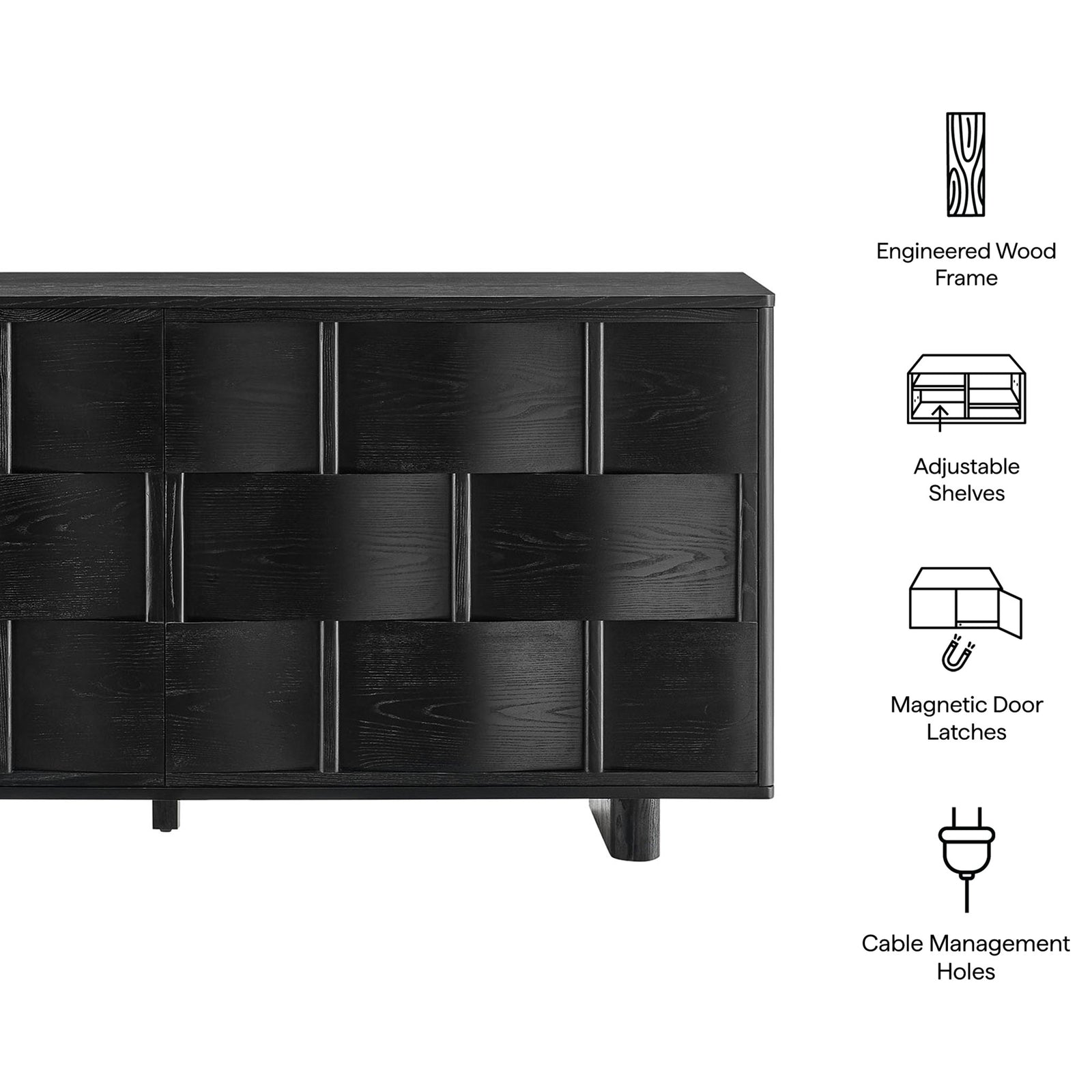 Feature layout highlighting engineered wood frame, adjustable shelves, latches, and cable management || EEI-7452-BLK || callout_studio