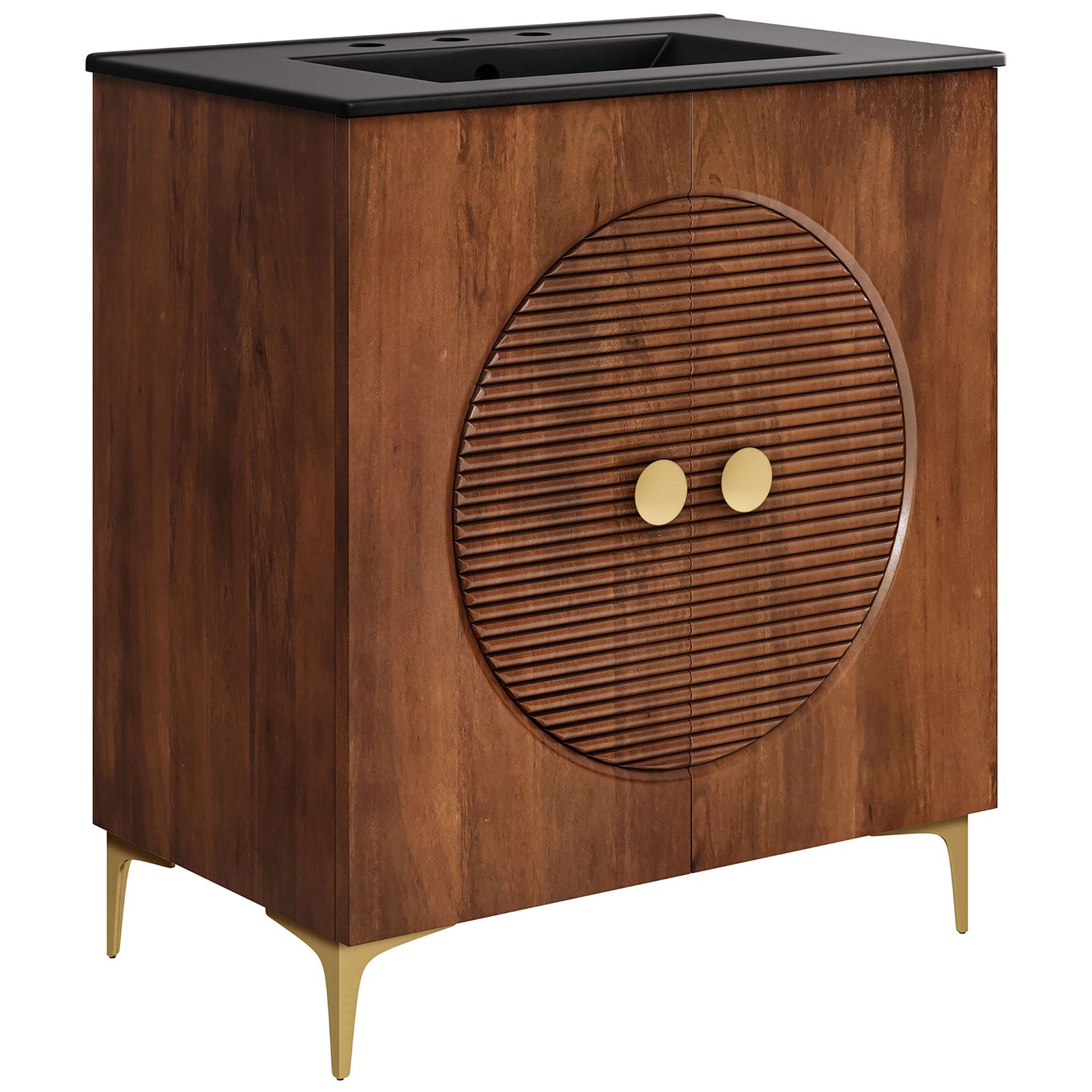 Rich walnut grain and sculptural fluted front with black sink top and brass accents || EEI-7454-WAL-BLK || front_angle_studio