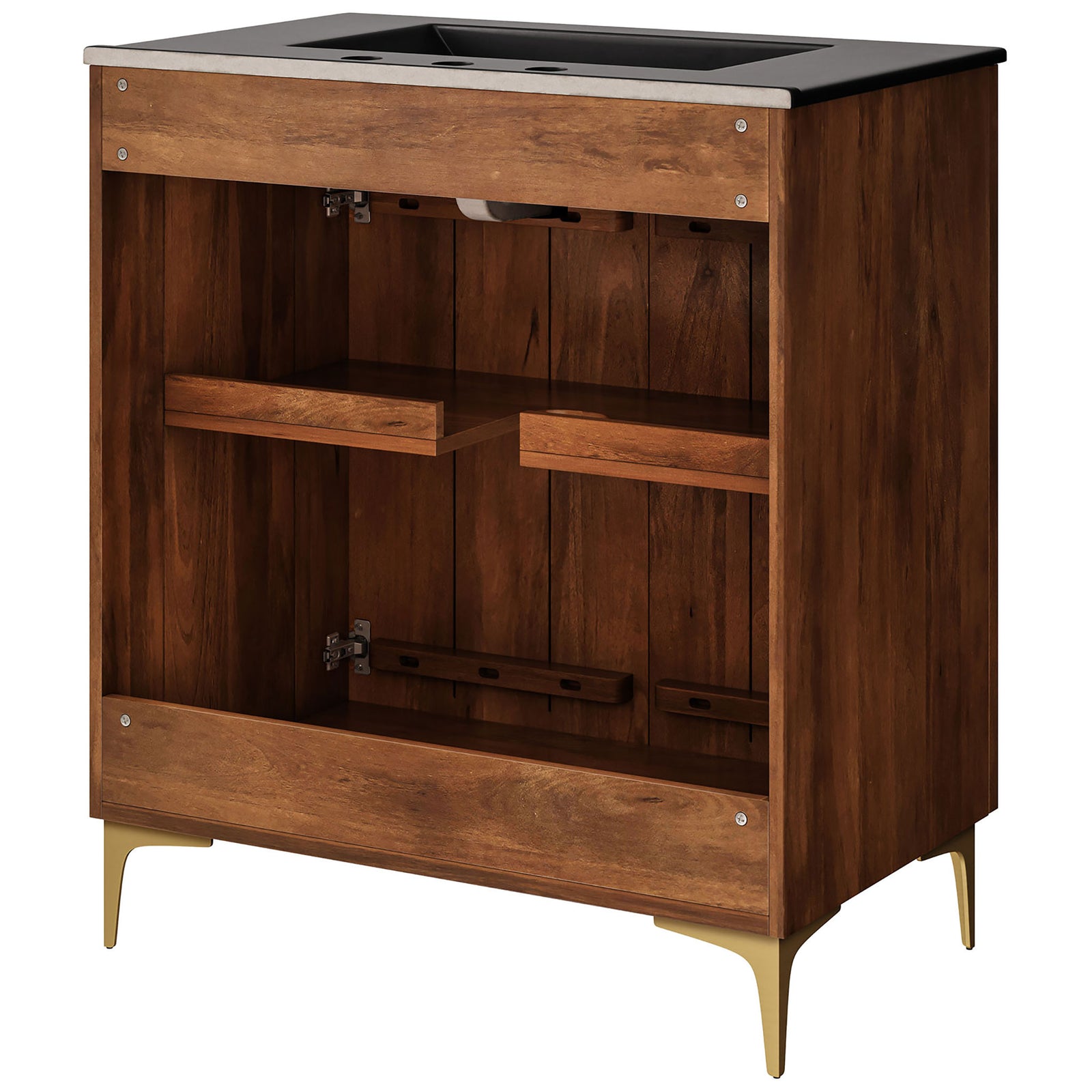 Open back design with adjustable shelf for easy plumbing access and organized storage || EEI-7454-WAL-BLK || back_angle_studio