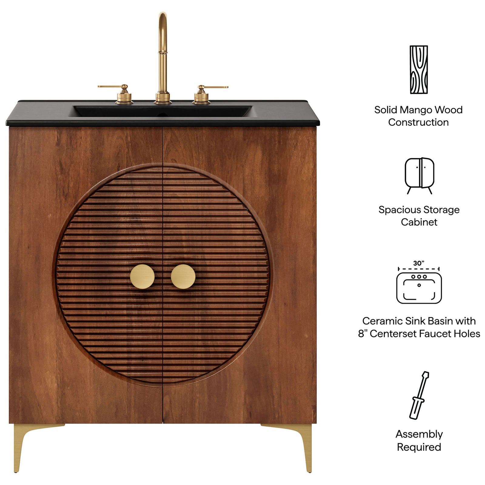 Feature callouts highlight solid mango wood, roomy storage, and pre-drilled faucet holes || EEI-7454-WAL-BLK || callout_studio
