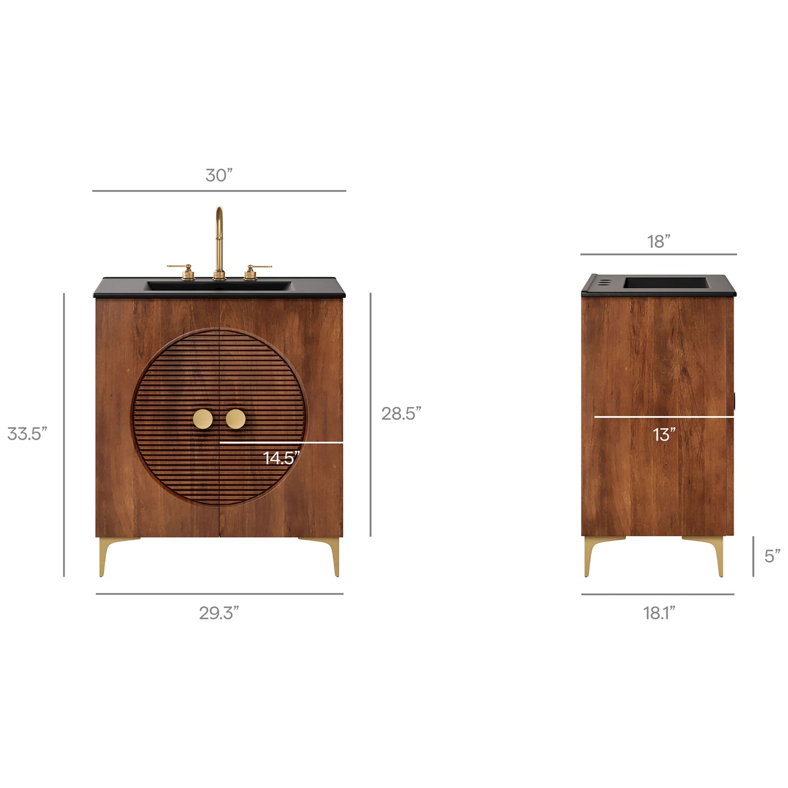 Size guide with width, height, and depth measurements for the 30 inch vanity || EEI-7454-WAL-BLK || dimension_studio