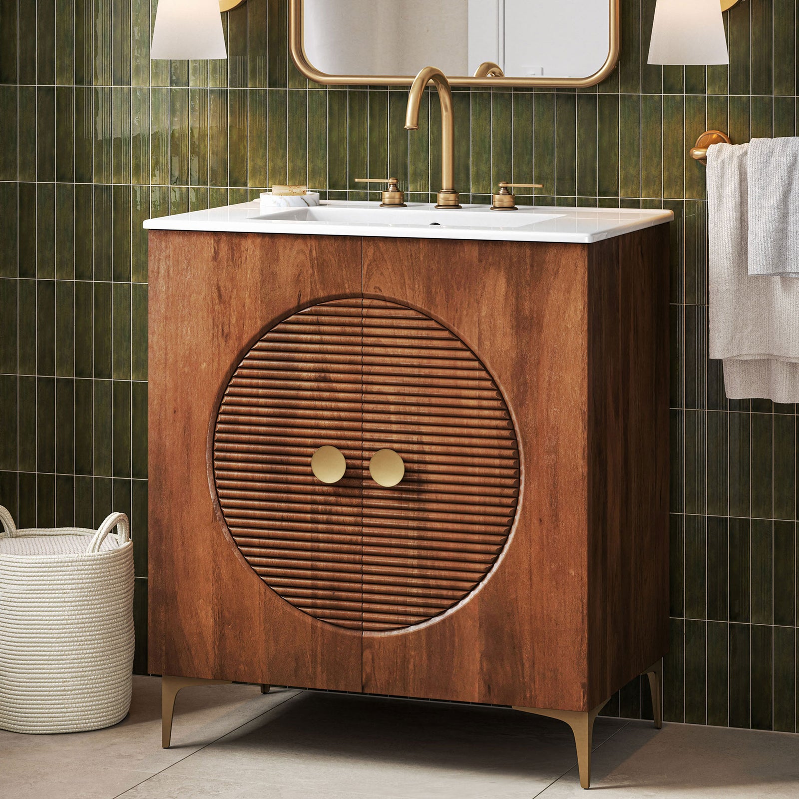 Statement vanity elevates the bath with rich wood, sculpted doors, and gleaming accents || EEI-7454-WAL-WHI || front_angle_room