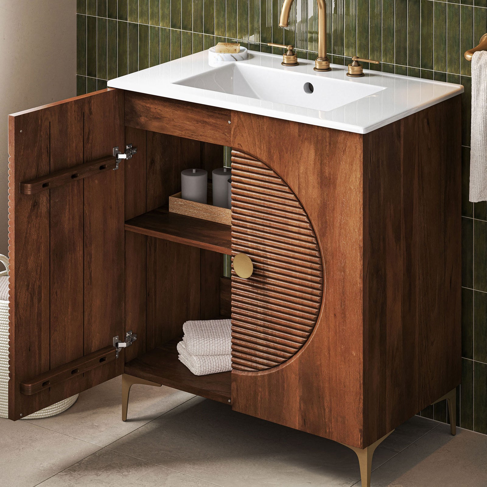 Open cabinet keeps towels and essentials within reach in a stylish fluted design || EEI-7454-WAL-WHI || front_angle_open_room