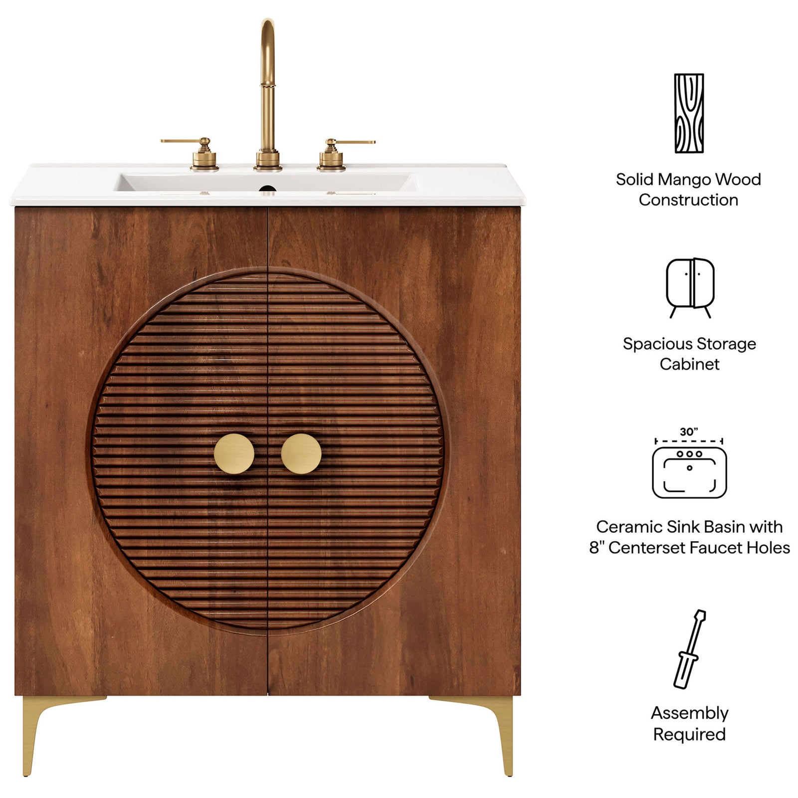 Key features include solid mango wood, spacious storage, and an integrated ceramic sink || EEI-7454-WAL-WHI || callout_studio
