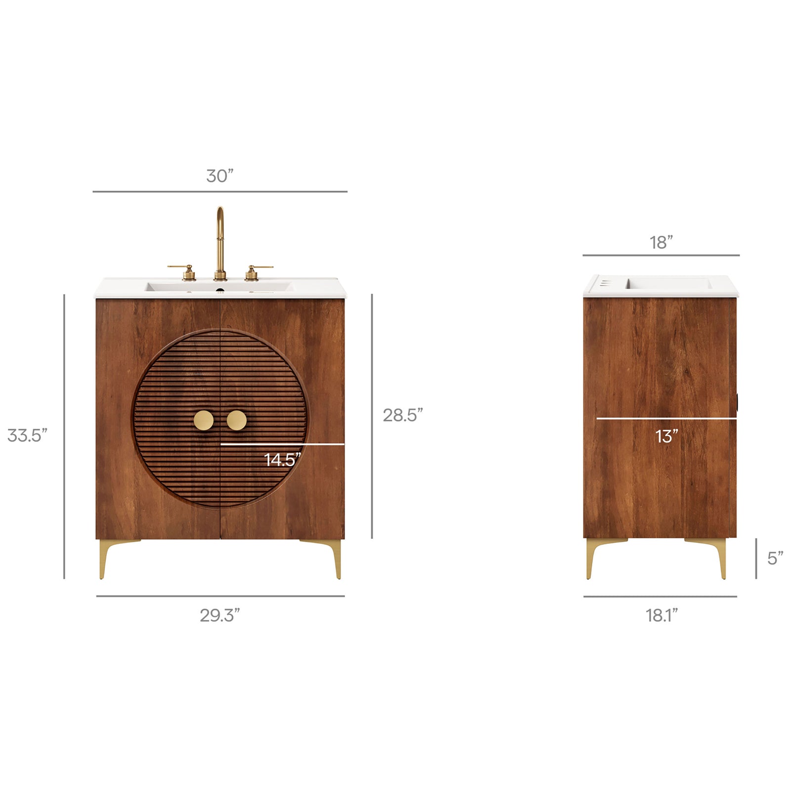 Dimensions for the 30 inch vanity and sink shown for planning and fit || EEI-7454-WAL-WHI || dimension_studio