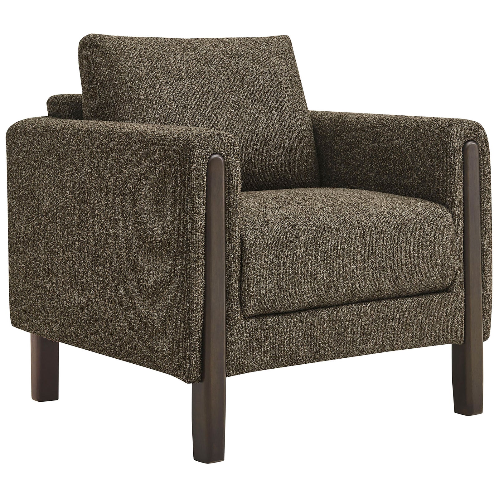 Deep seat and curved armrests invite lounging, while the dark wood posts add refined contrast. || EEI-7459-ATQ-ESP || front_angle_studio