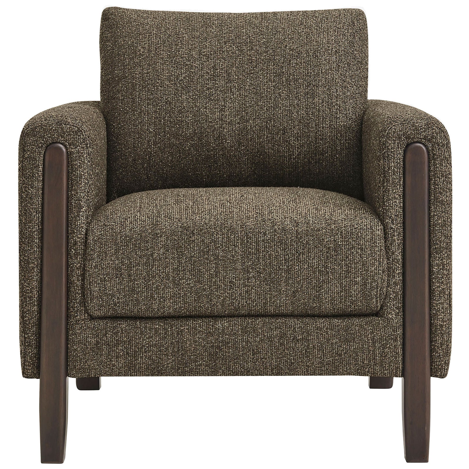 Cozy boucle armchair in antique espresso with plush cushions and rounded solid wood legs for modern warmth. || EEI-7459-ATQ-ESP || front_studio