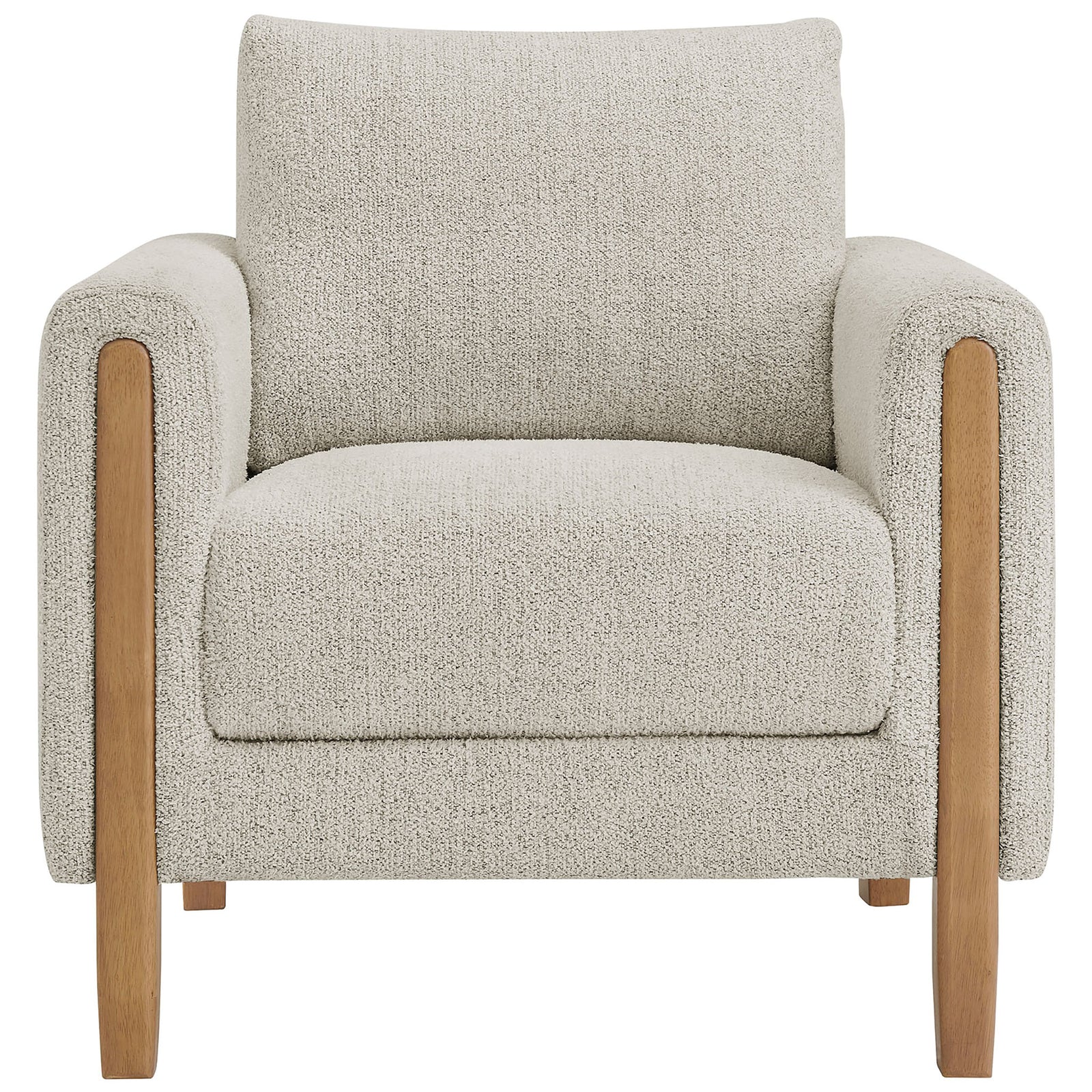 Cozy boucle armchair with plush cushions and warm beech wood legs for timeless, inviting comfort || EEI-7459-PCH-BEE || front_studio