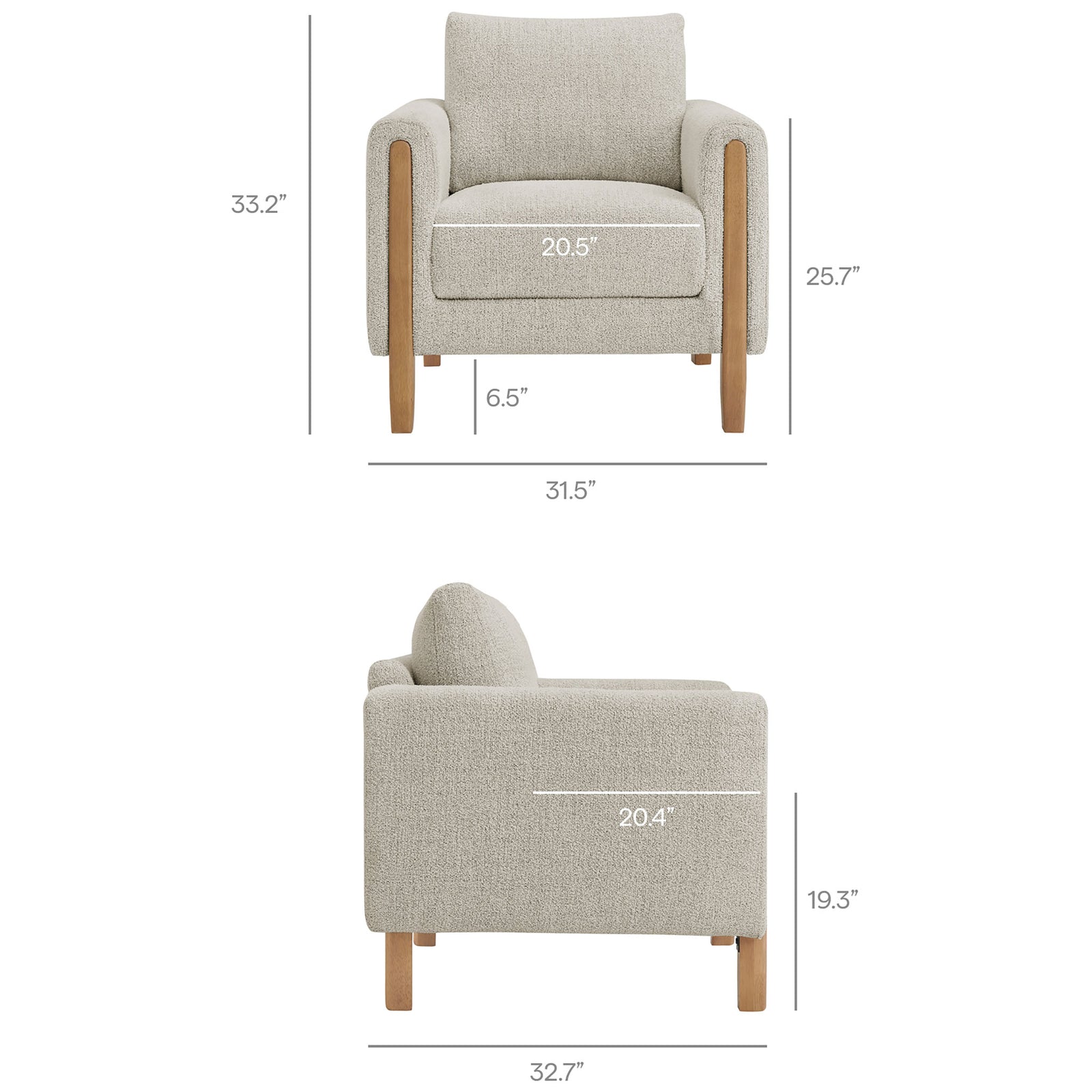 Clearly labeled measurements include overall height and width plus seat width, depth, and arm height || EEI-7459-PCH-BEE || dimension_studio