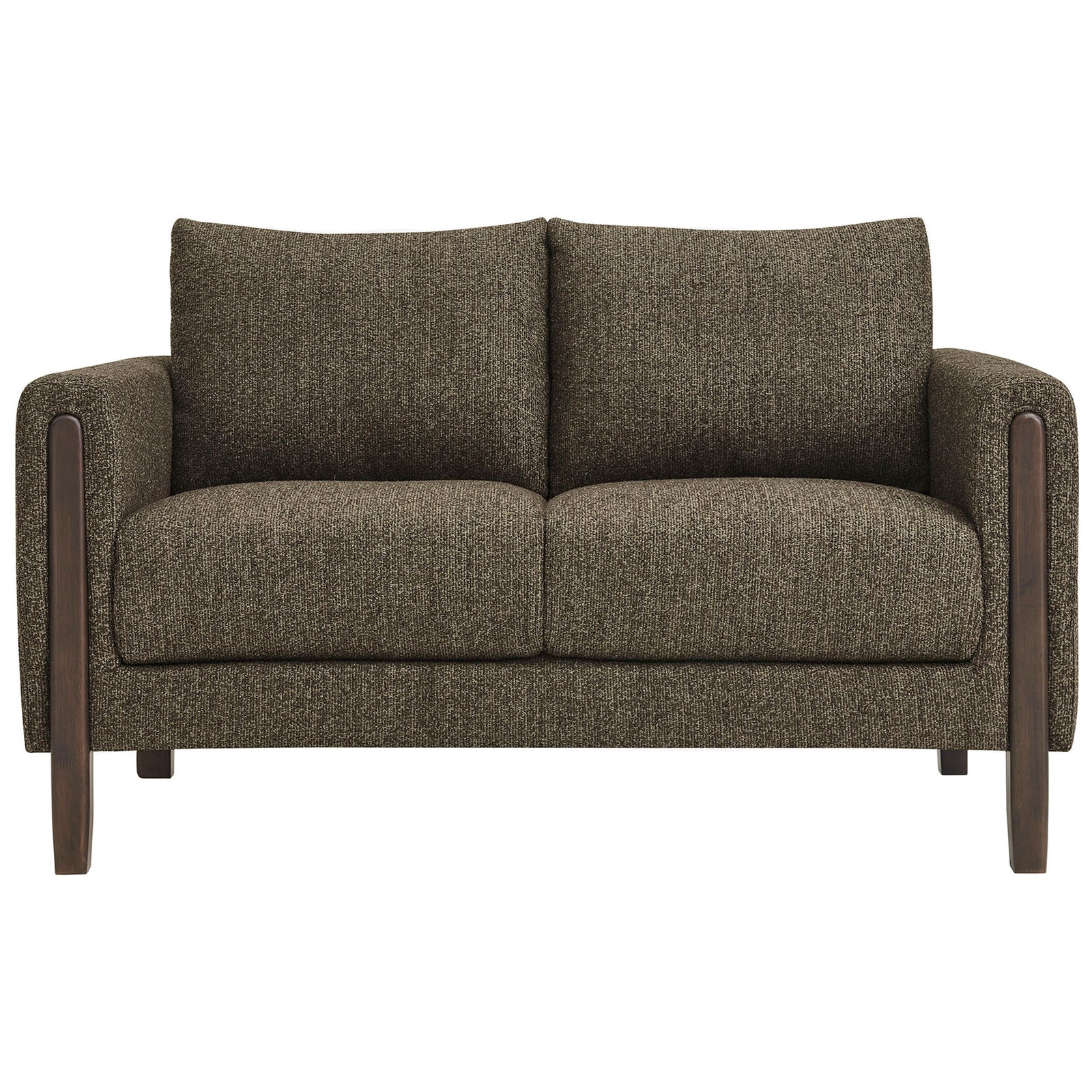 Hawken boucle loveseat in antique espresso with wide seat, plush back cushions, and warm solid wood legs || EEI-7460-ATQ-ESP || front_studio