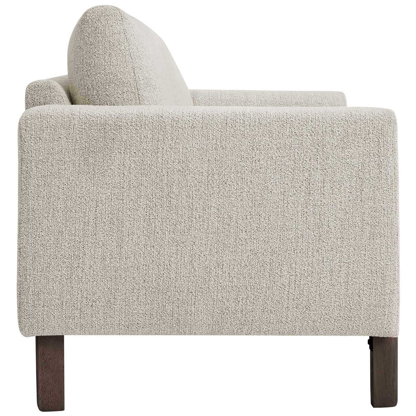 Slim-profile parchment boucle loveseat with tailored arms and tapered espresso wood legs || EEI-7460-PCH-ESP || side_studio