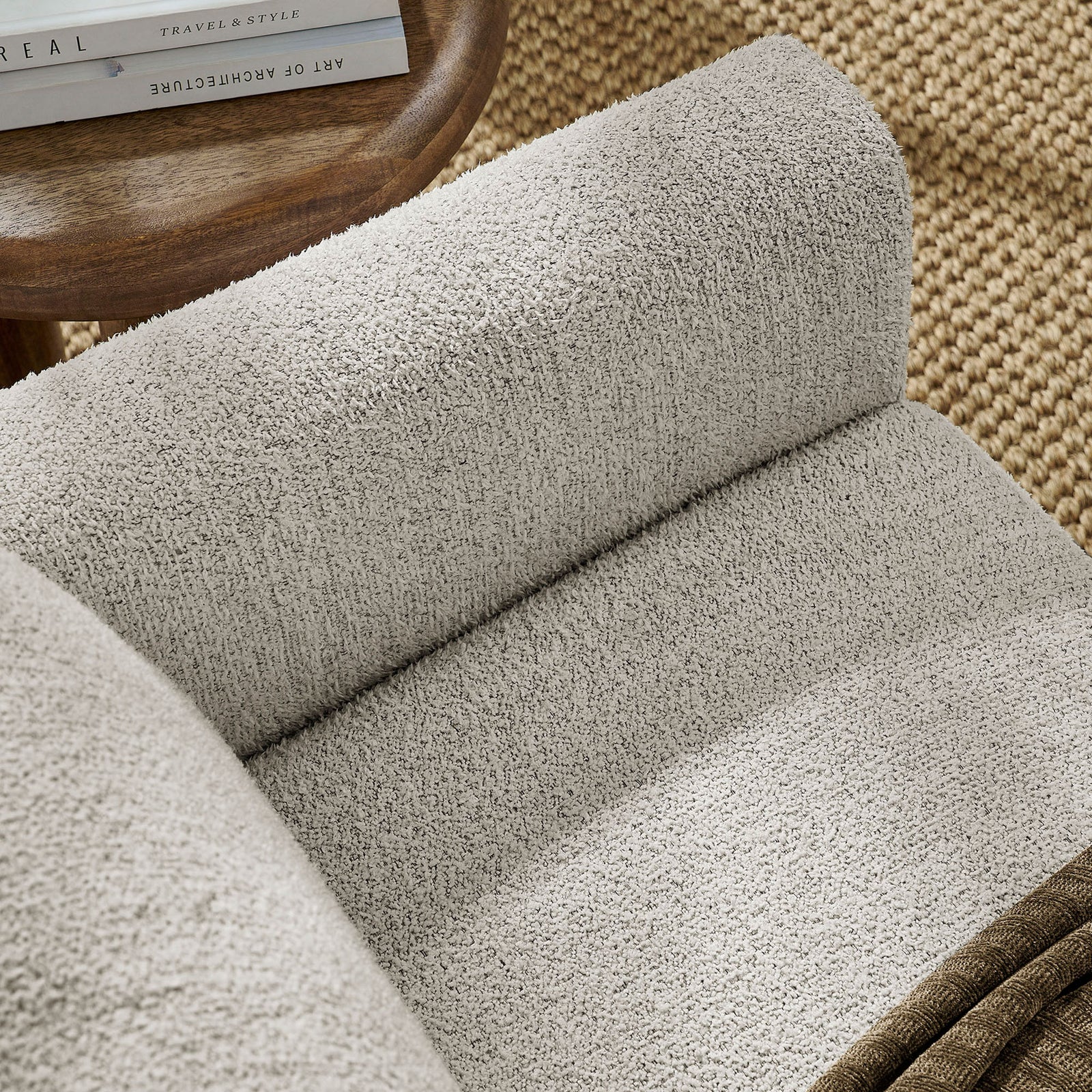 Soft parchment boucle fabric and plush cushioning creating a cozy, textured seating surface || EEI-7460-PCH-ESP || swatch_room