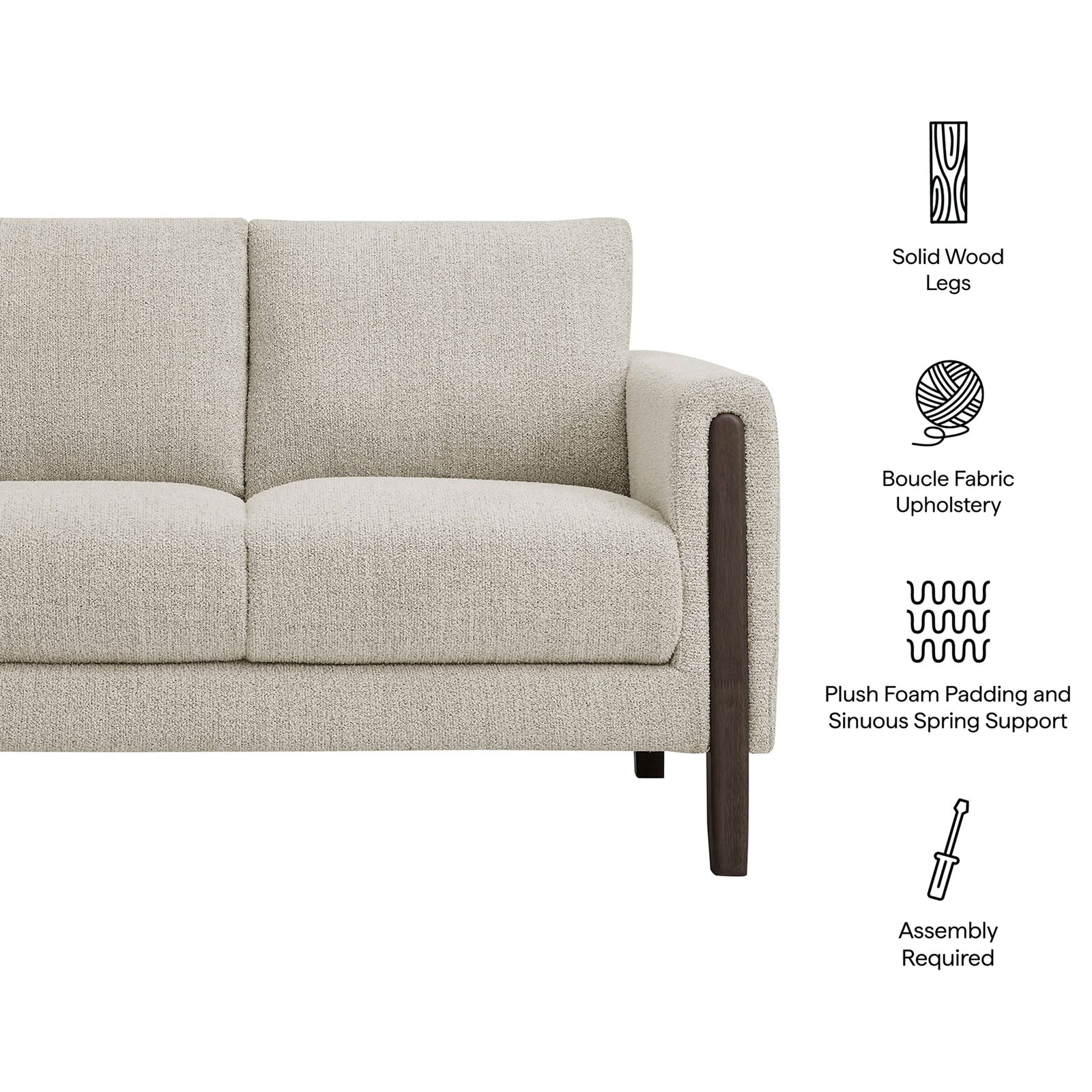 Boucle loveseat featuring solid wood legs, plush foam padding, and sinuous spring support details || EEI-7460-PCH-ESP || callout_studio