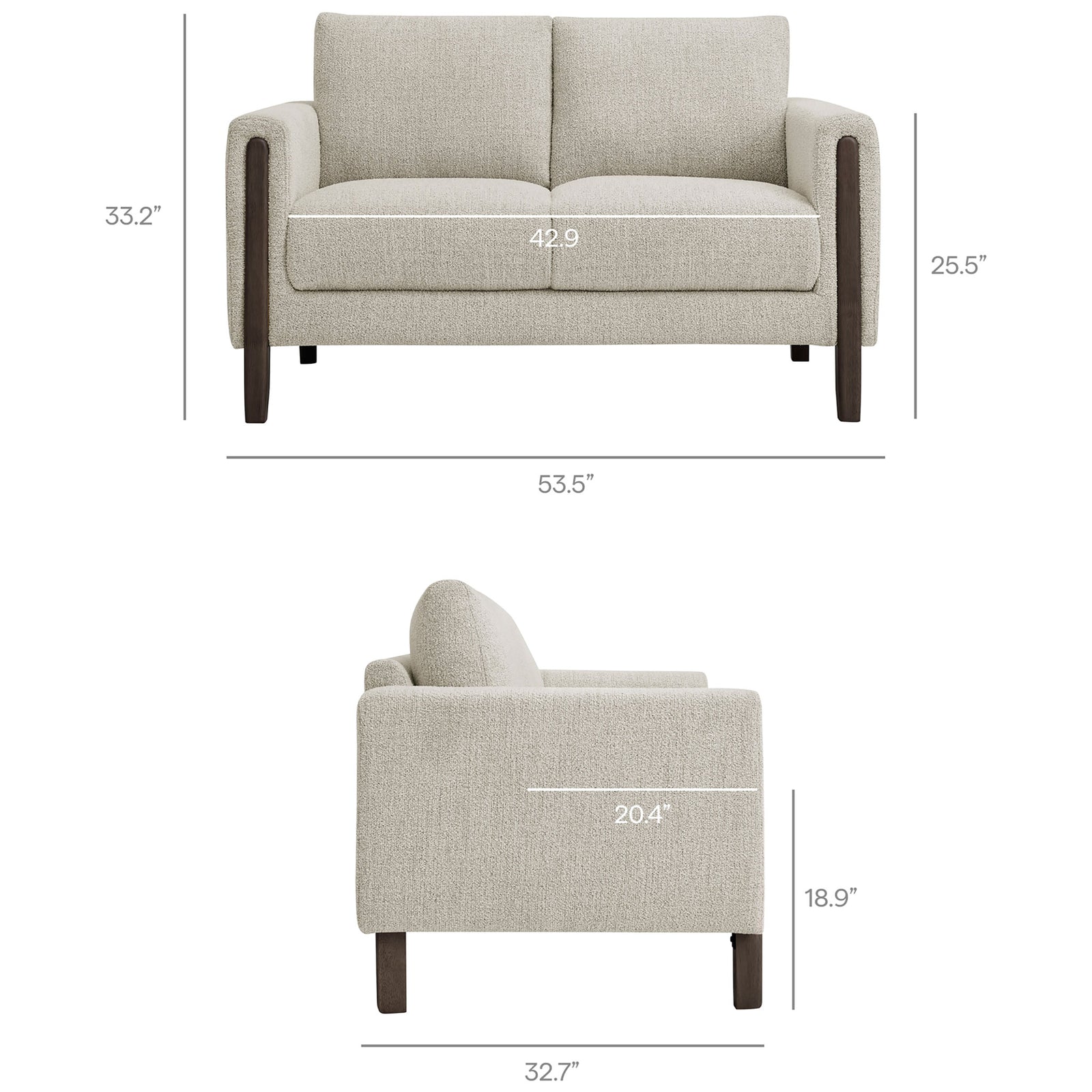 Boucle loveseat with measurements marking overall width, depth, height, and generously sized seat || EEI-7460-PCH-ESP || dimension_studio