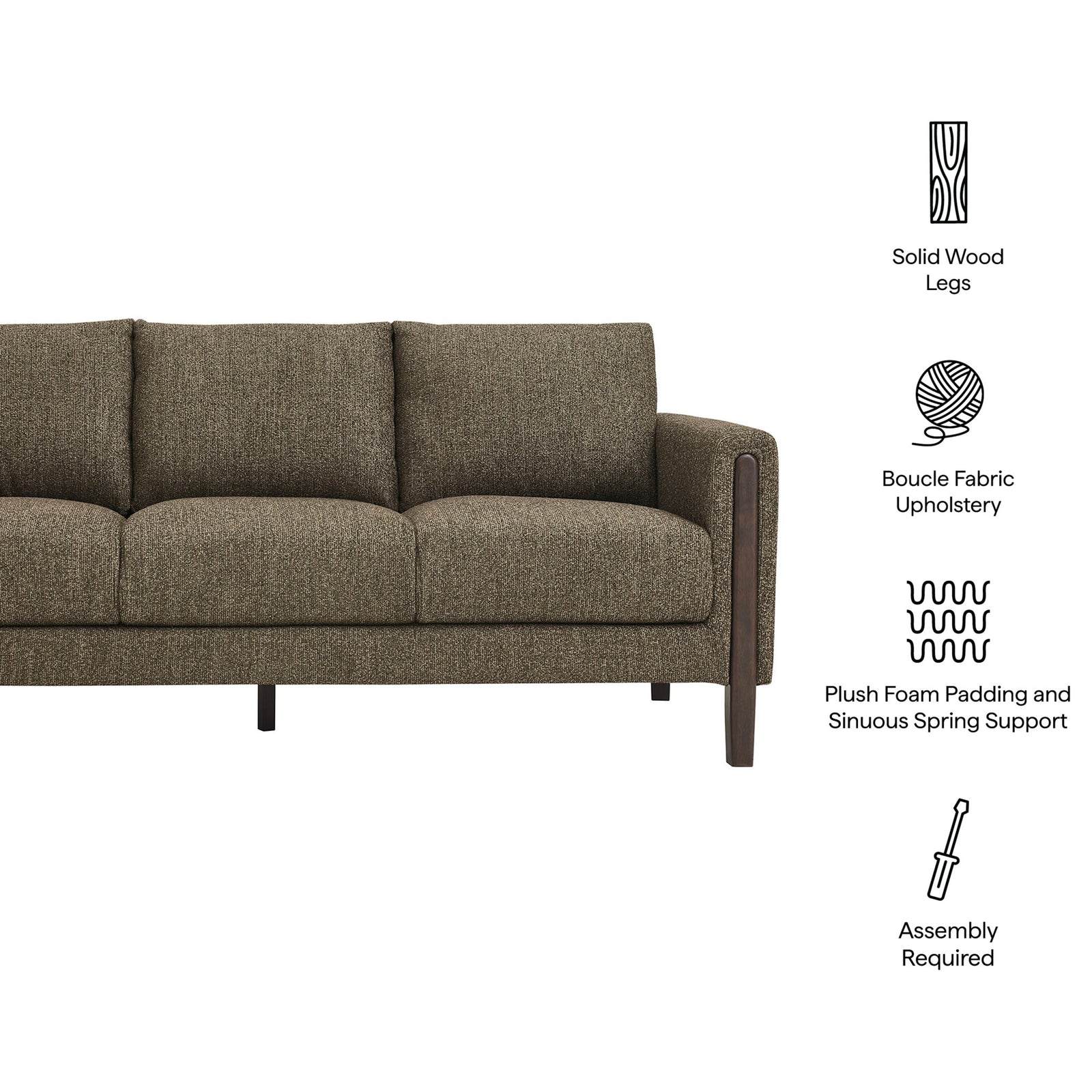Feature overview of antique espresso boucle sofa highlighting solid wood legs, plush support, and easy assembly || EEI-7461-ATQ-ESP || callout_studio