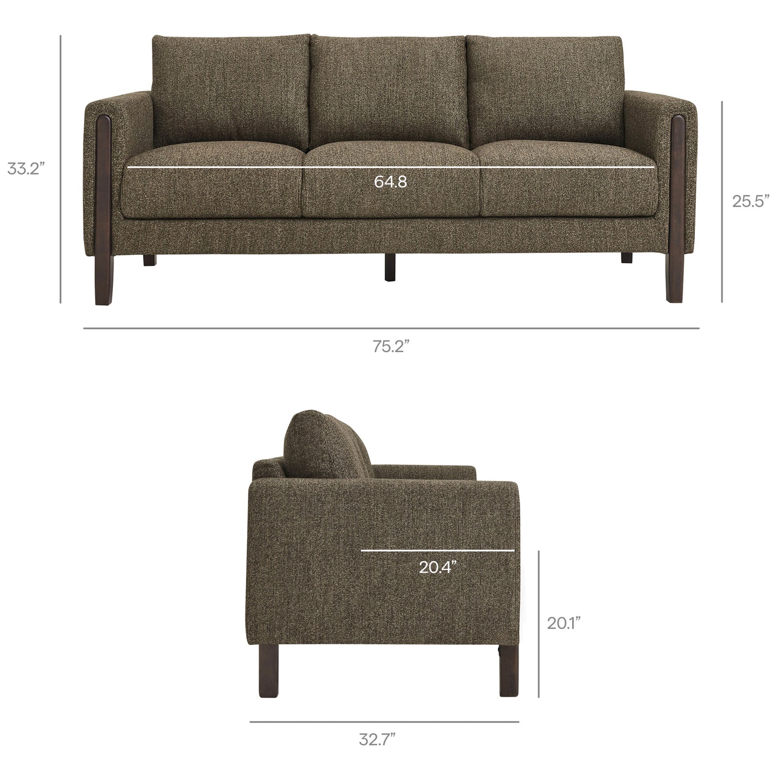 Dimension guide for antique espresso boucle sofa showing overall width, depth, height, and seat measurements || EEI-7461-ATQ-ESP || dimension_studio