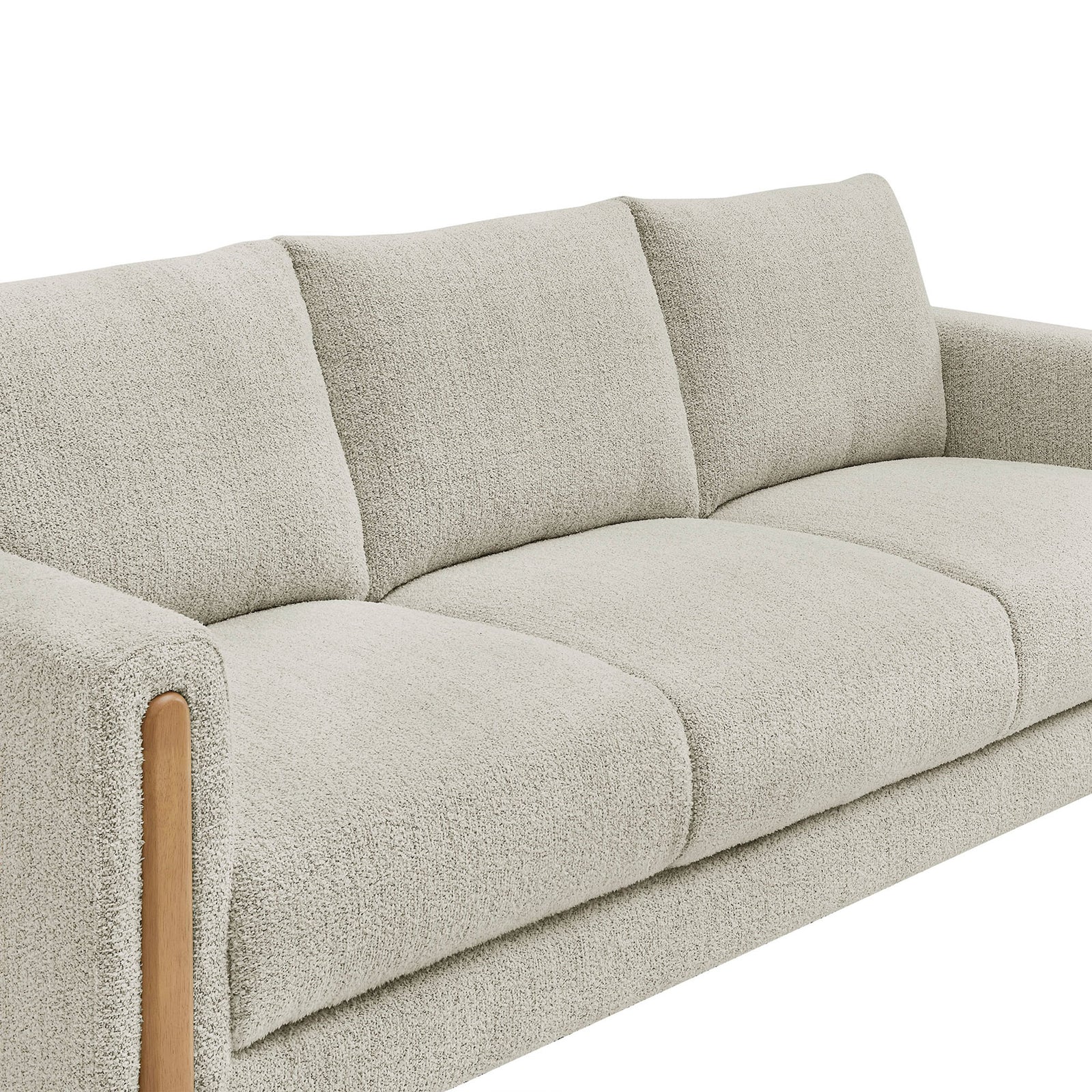Close-up of the plush seat and back cushions wrapped in soft parchment boucle fabric || EEI-7461-PCH-BEE || detail_studio