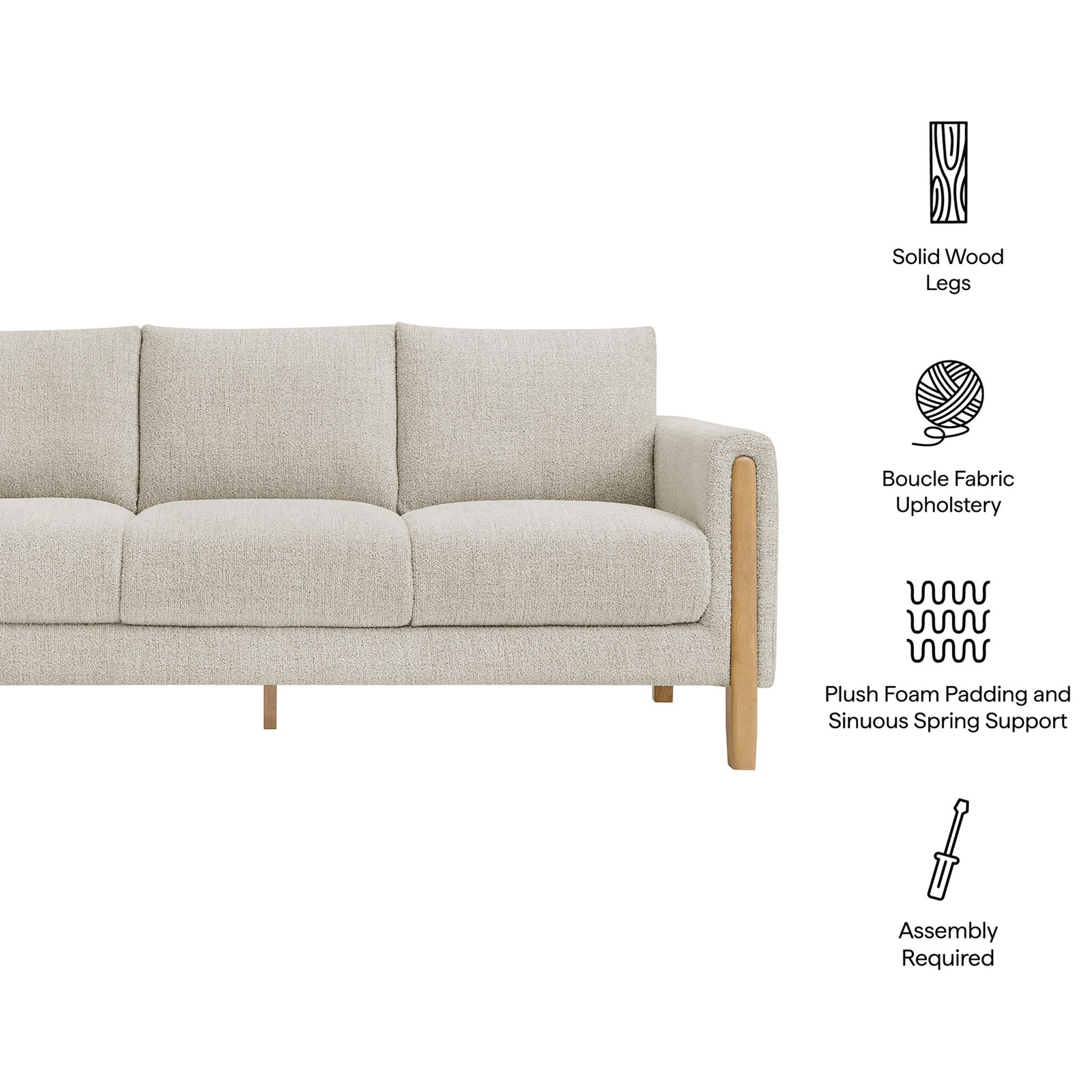 Feature highlights of the Hawken sofa including boucle upholstery, solid wood legs, and plush support || EEI-7461-PCH-BEE || callout_studio
