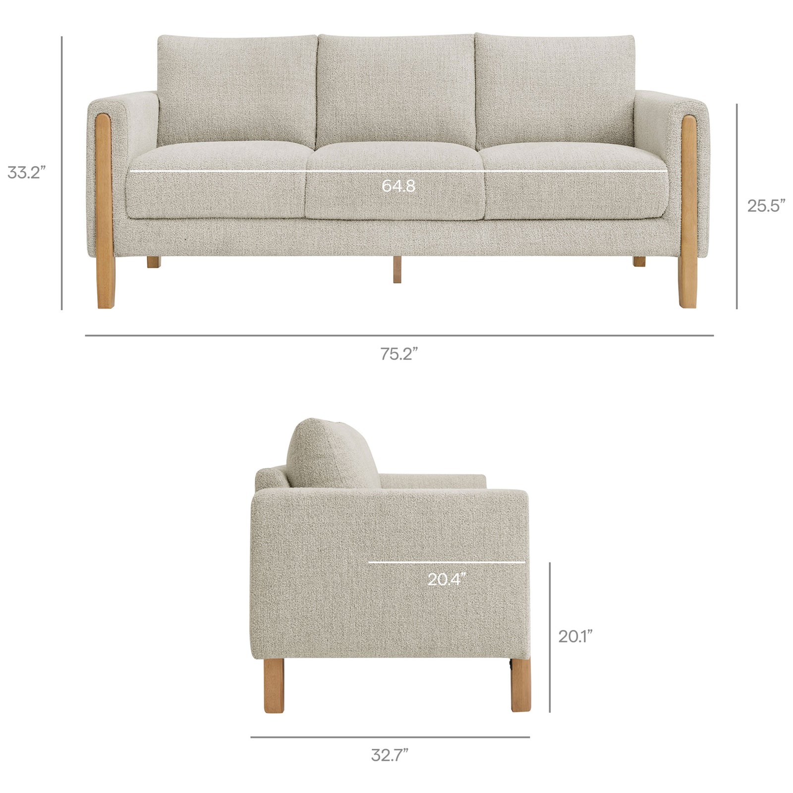 Sofa dimensions chart showing overall width, depth, height, and generous seating space measurements || EEI-7461-PCH-BEE || dimension_studio