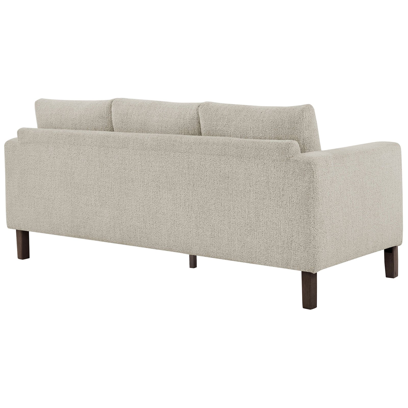 Boucle sofa with a smooth tailored back and espresso wood legs for a polished finish || EEI-7461-PCH-ESP || back_angle_studio
