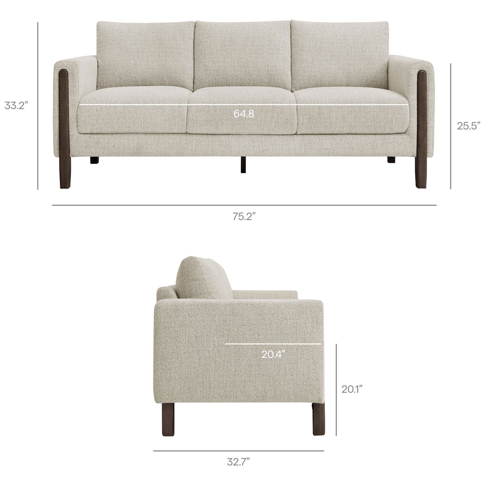 Measured diagram of the boucle sofa showing overall width, depth, height, and seat dimensions || EEI-7461-PCH-ESP || dimension_studio