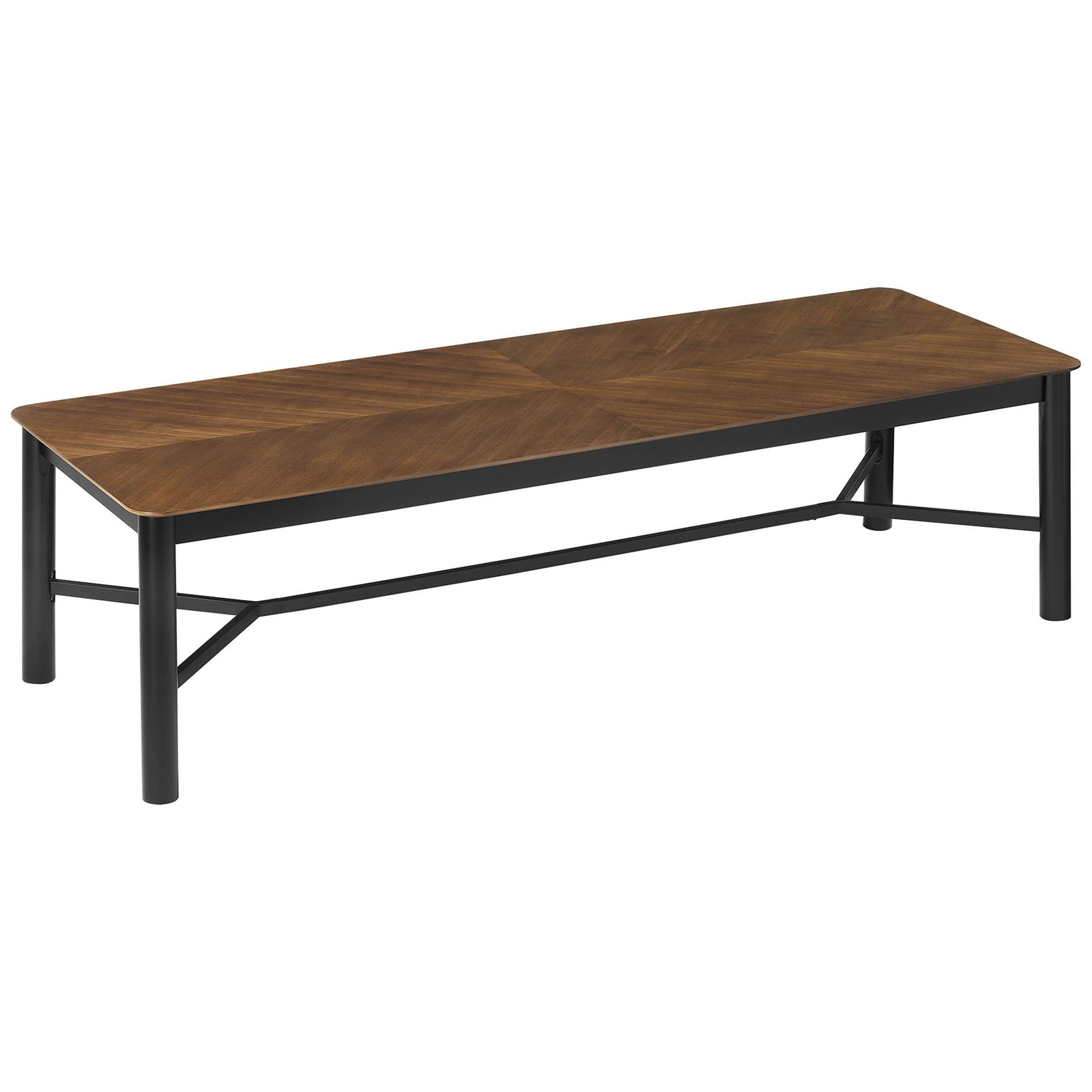 Walnut rectangular dining table with chevron wood tabletop and black cross-braced legs || EEI-7463-WAL || front_angle_studio