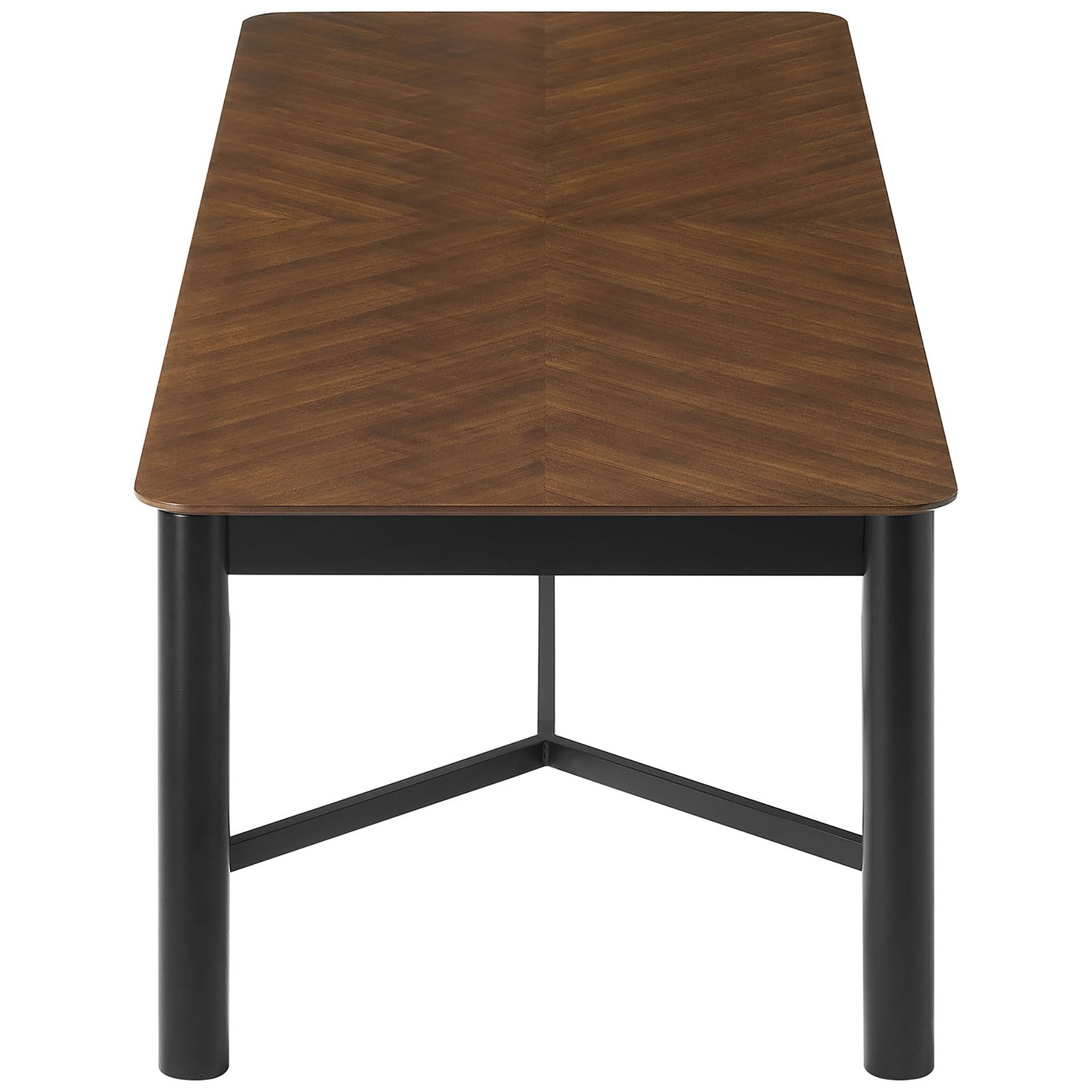 End view of walnut dining table showcasing chevron grain and tubular black legs || EEI-7463-WAL || side_studio