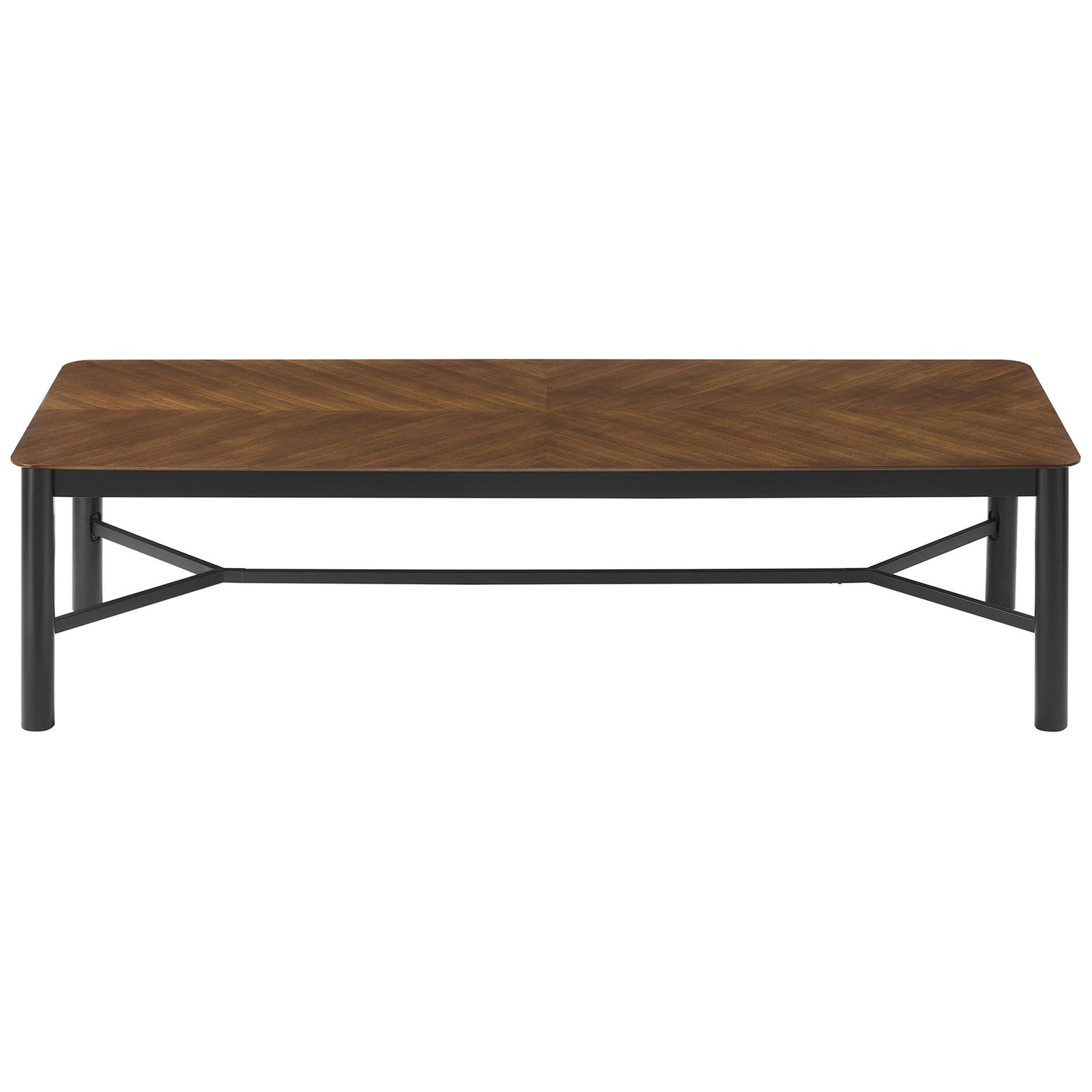 Walnut chevron dining table with sturdy black X-stretcher base and rounded corners || EEI-7463-WAL || front_studio