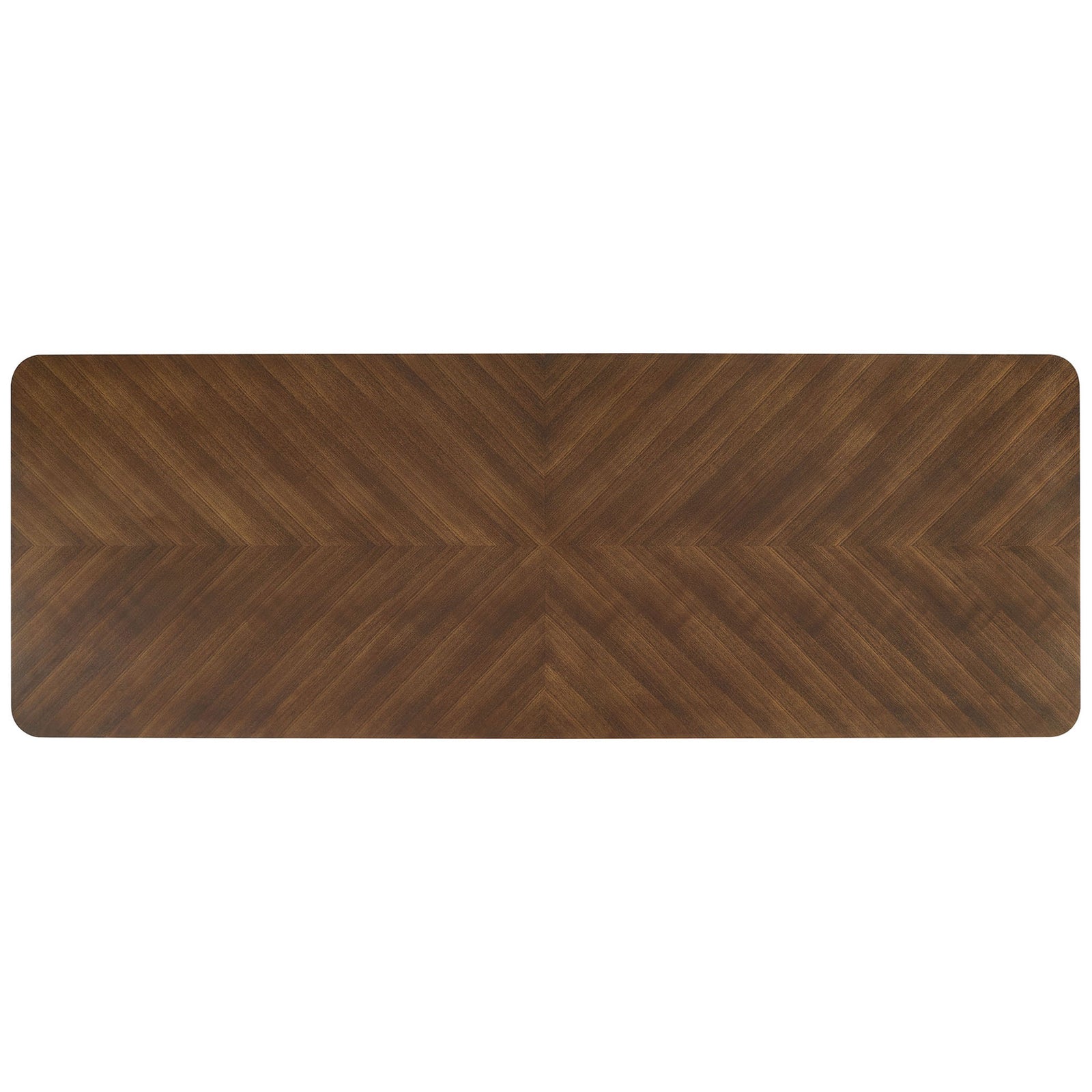 Overhead view of walnut chevron tabletop with softly rounded rectangle shape || EEI-7463-WAL || top_studio