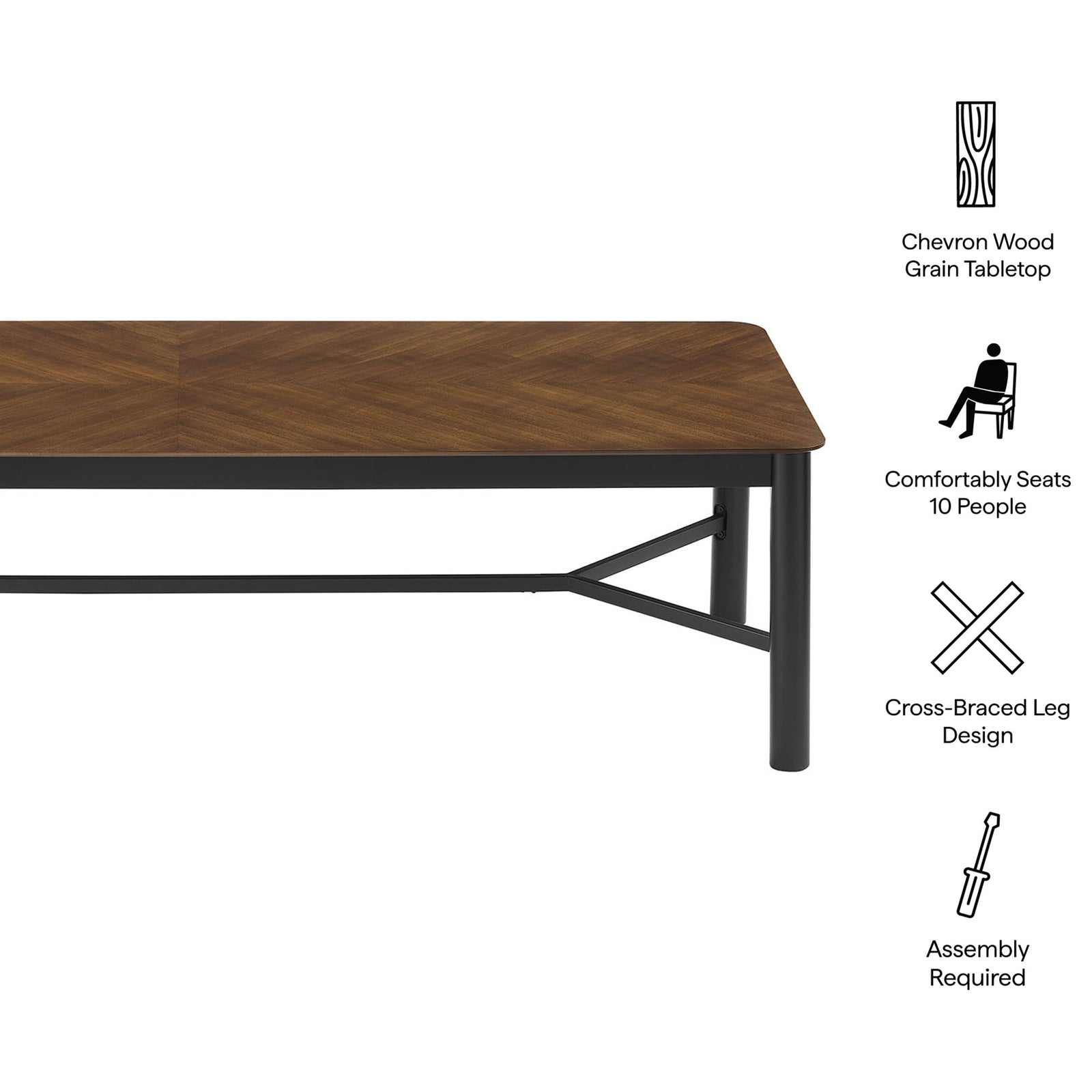 Feature callouts highlighting chevron wood tabletop, seating capacity, and cross-braced legs || EEI-7463-WAL || callout_studio