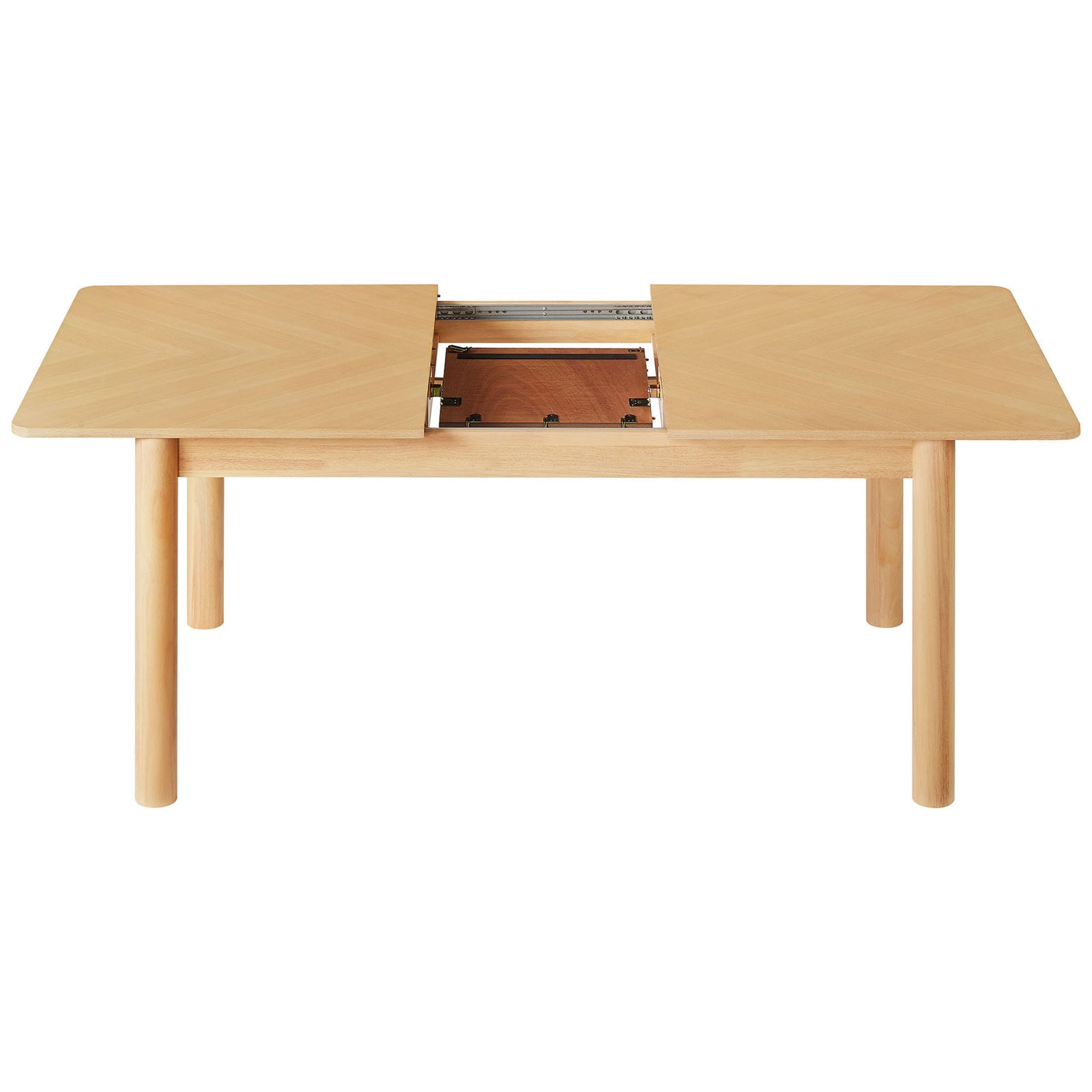 Extendable dining table slides apart to reveal a hidden self-storing leaf mechanism in warm oak. || EEI-7464-OAK || front_open_studio