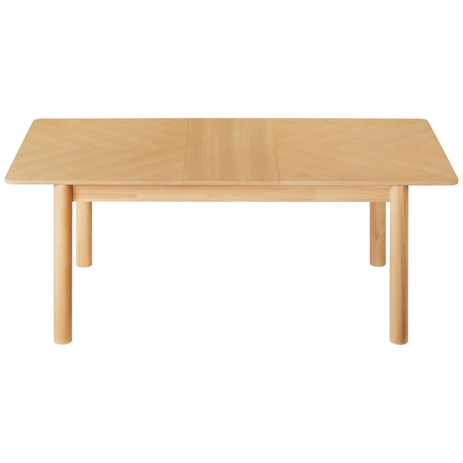 Oak dining table fully extended to seat six to eight while preserving its smooth chevron wood grain. || EEI-7464-OAK || front_converted_studio