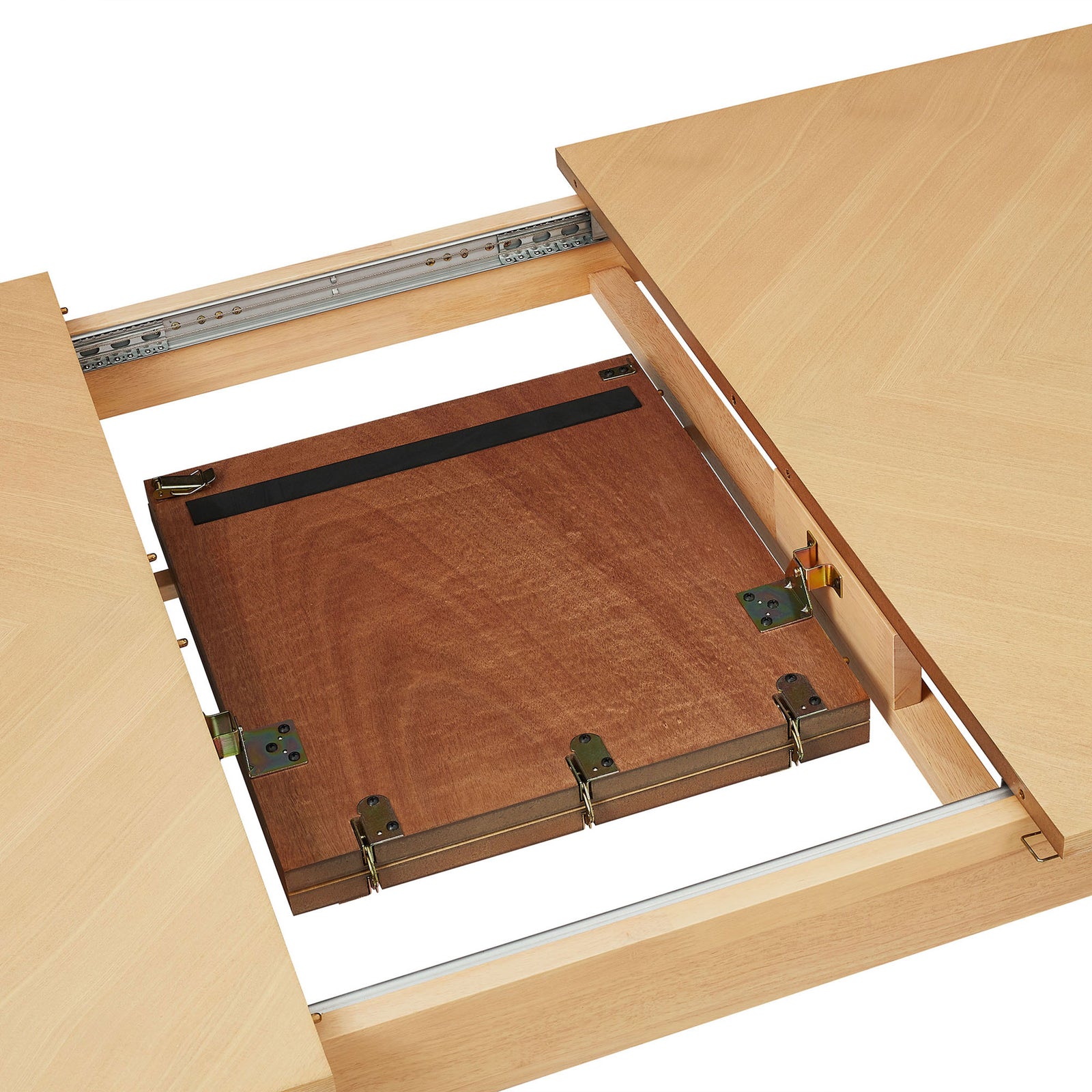Built-in storage compartment keeps the folding leaf neatly tucked beneath the tabletop when not in use. || EEI-7464-OAK || storage_open_studio