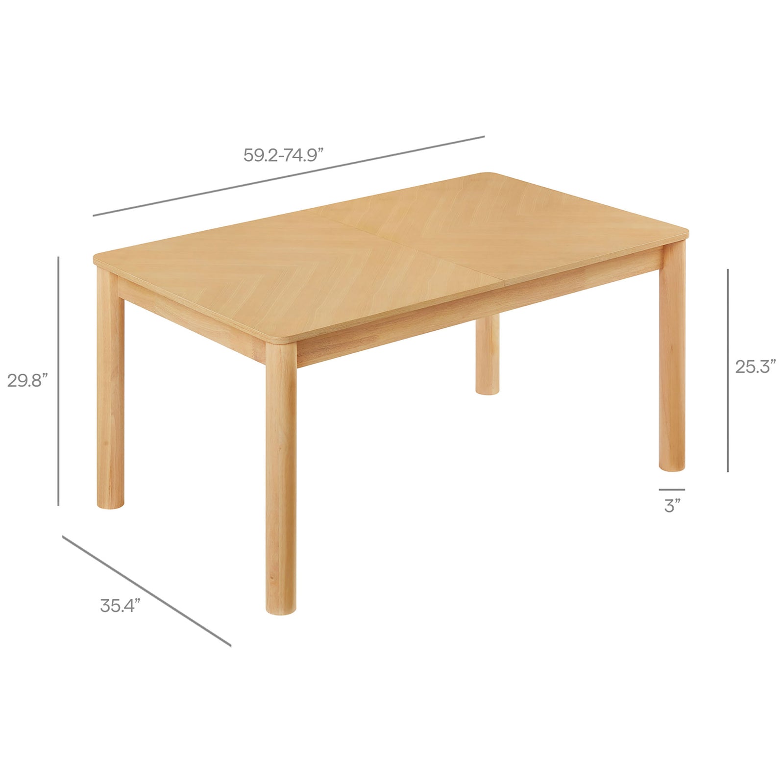 Dimension graphic for the Alba extendable dining table showing overall length, width, height, and clearance. || EEI-7464-OAK || dimension_studio