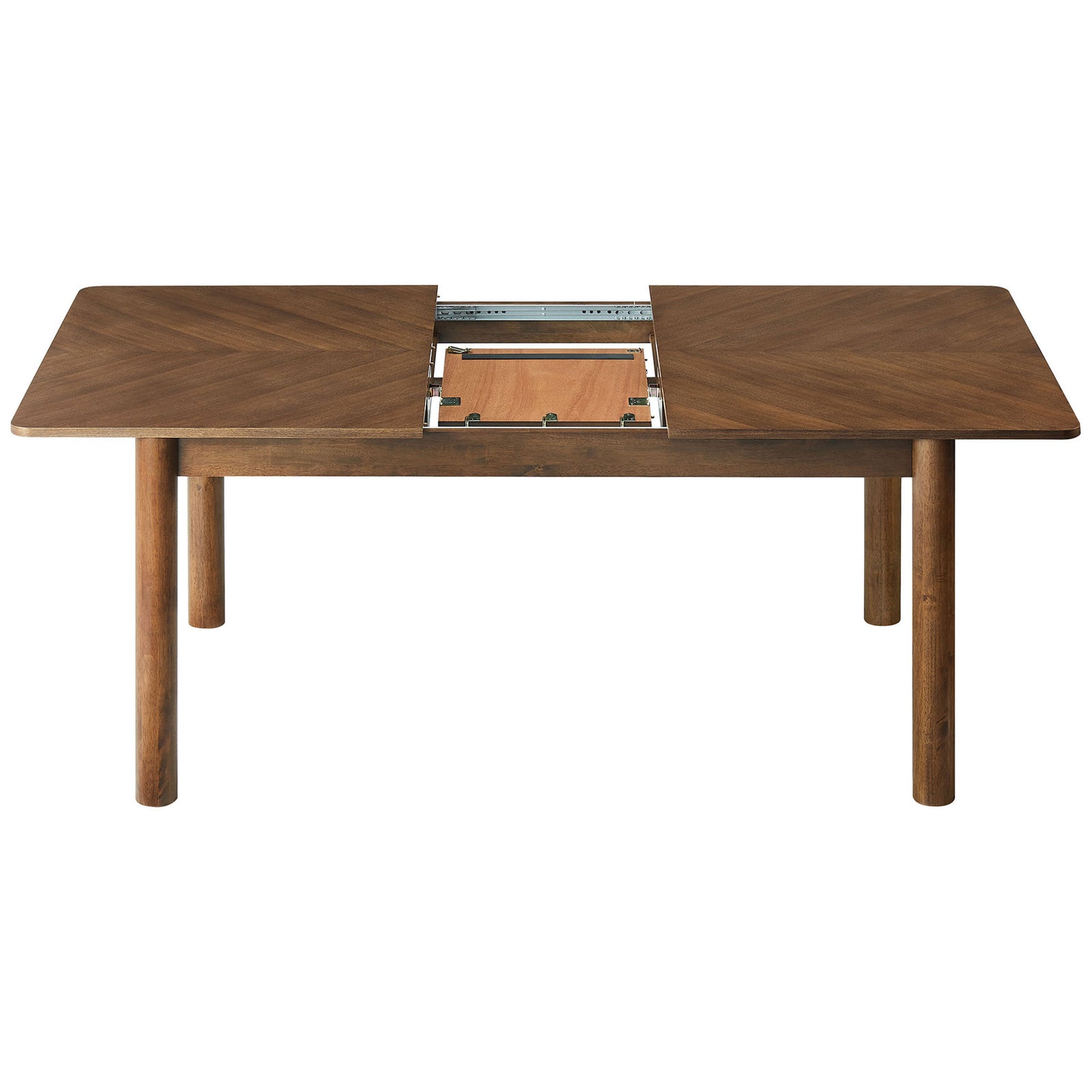 Built-in extension system opens the tabletop to reveal a neatly stored butterfly leaf inside || EEI-7464-WAL || front_open_studio