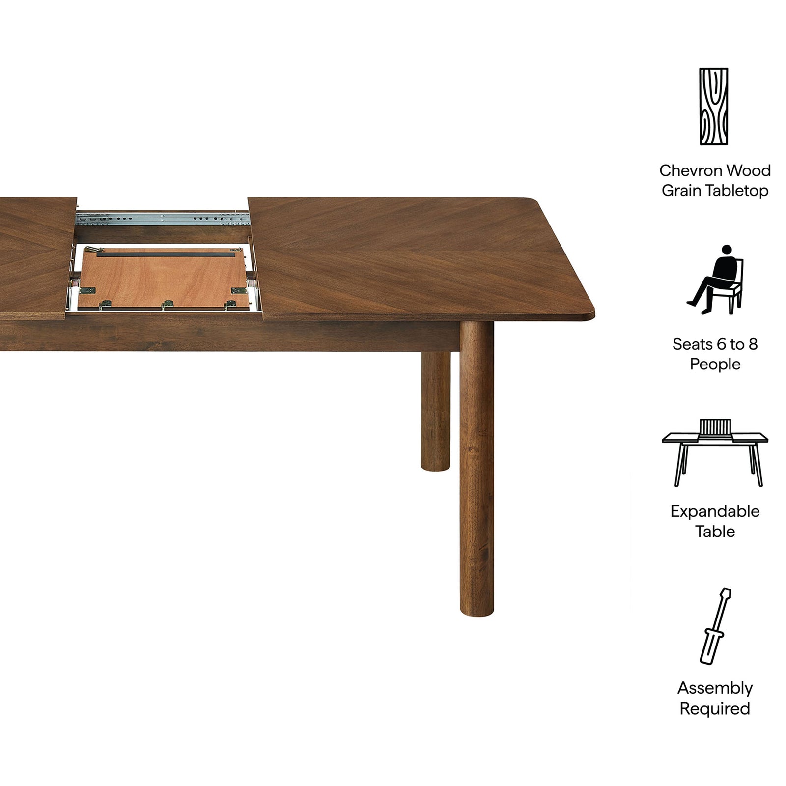 Feature graphic highlights the chevron tabletop, expandable design, seating capacity, and easy assembly || EEI-7464-WAL || callout_studio