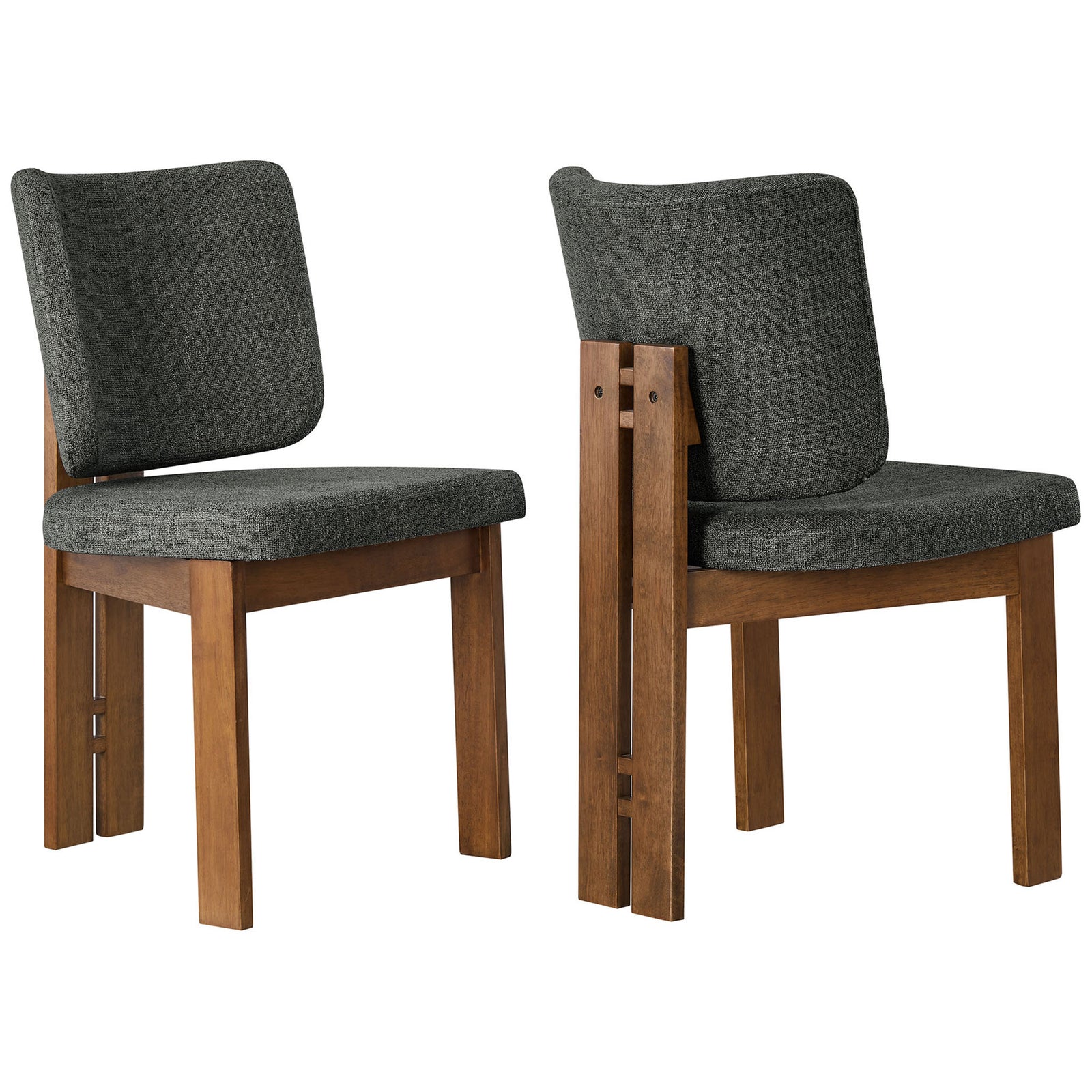 Set of two charcoal dining chairs with plush cushions and sculptural solid wood bases. || EEI-7465-CHA || front_angle_multi_studio