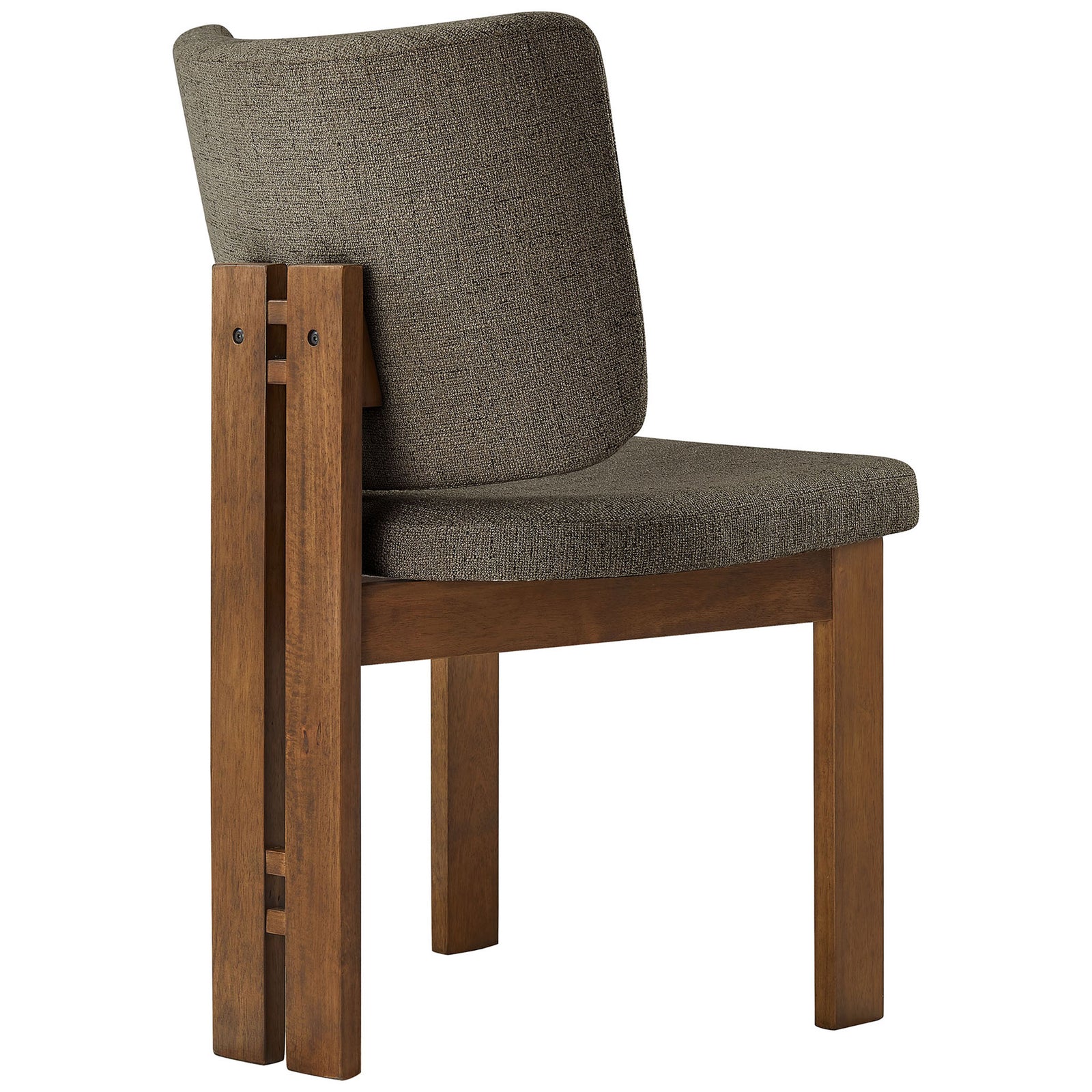 Taupe dining chair with wraparound upholstered back and tall layered wood support detail || EEI-7465-TAU || back_angle_studio