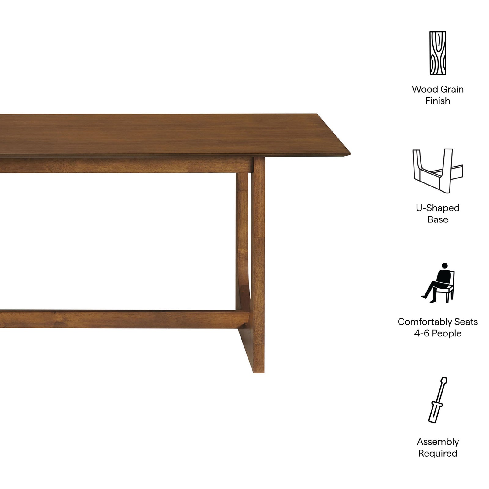 Walnut Ashcroft dining table highlighting wood grain finish, U-shaped base, seating capacity, and easy assembly || EEI-7466-WAL || callout_studio