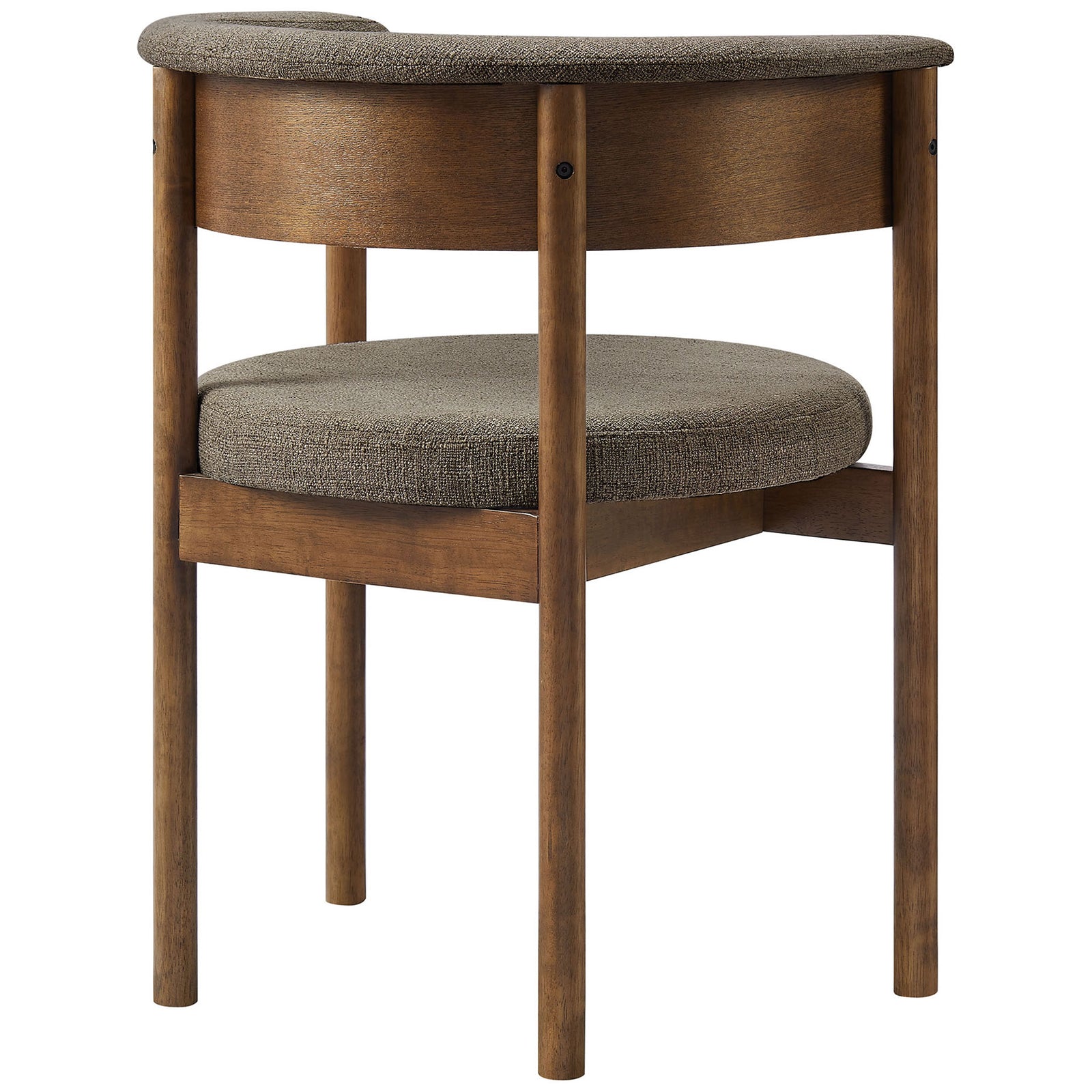Taupe barrel dining chair showcasing an open back design and rounded wood legs || EEI-7467-TAU || back_angle_studio