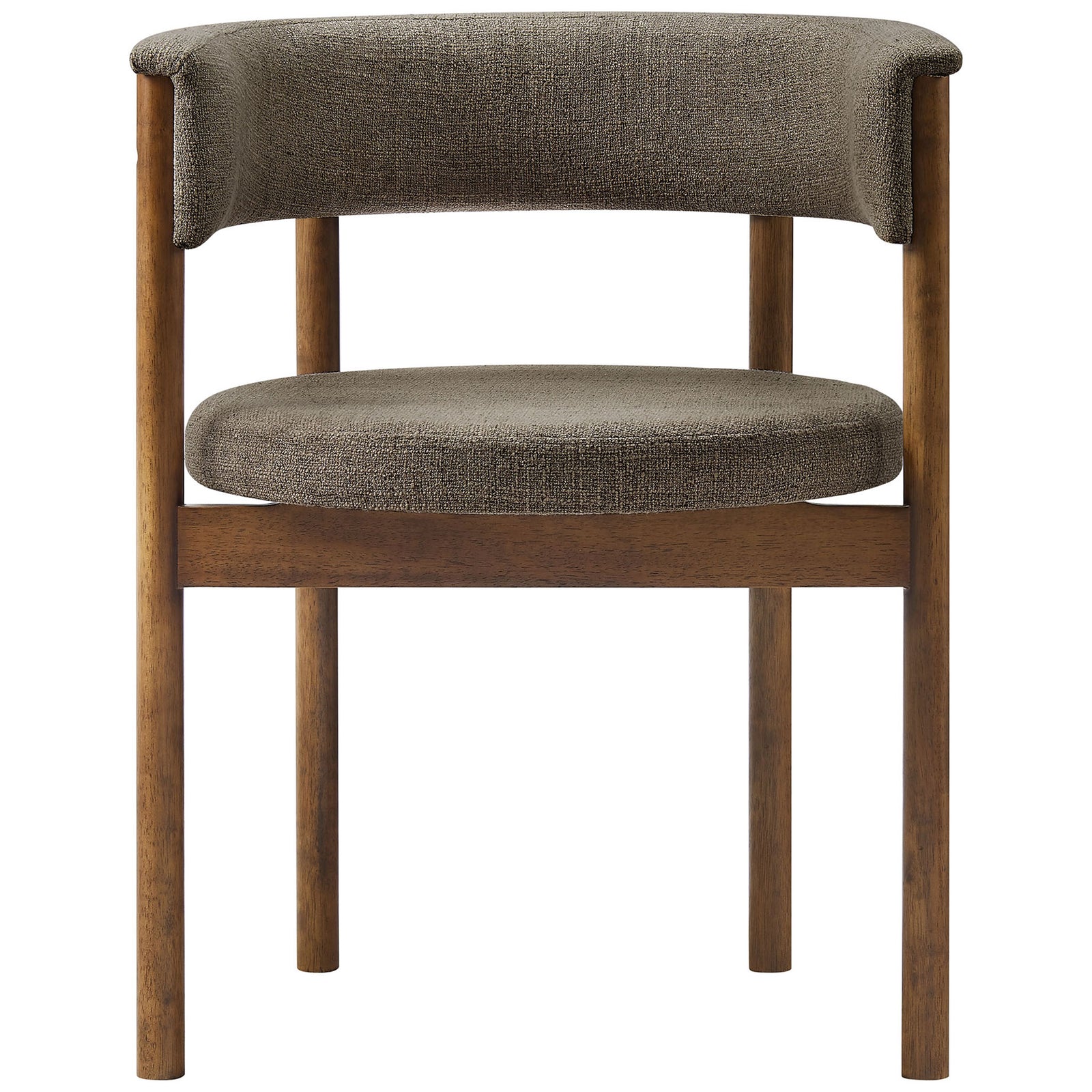 Taupe upholstered dining chair with round seat and supportive semi-circular backrest || EEI-7467-TAU || front_studio