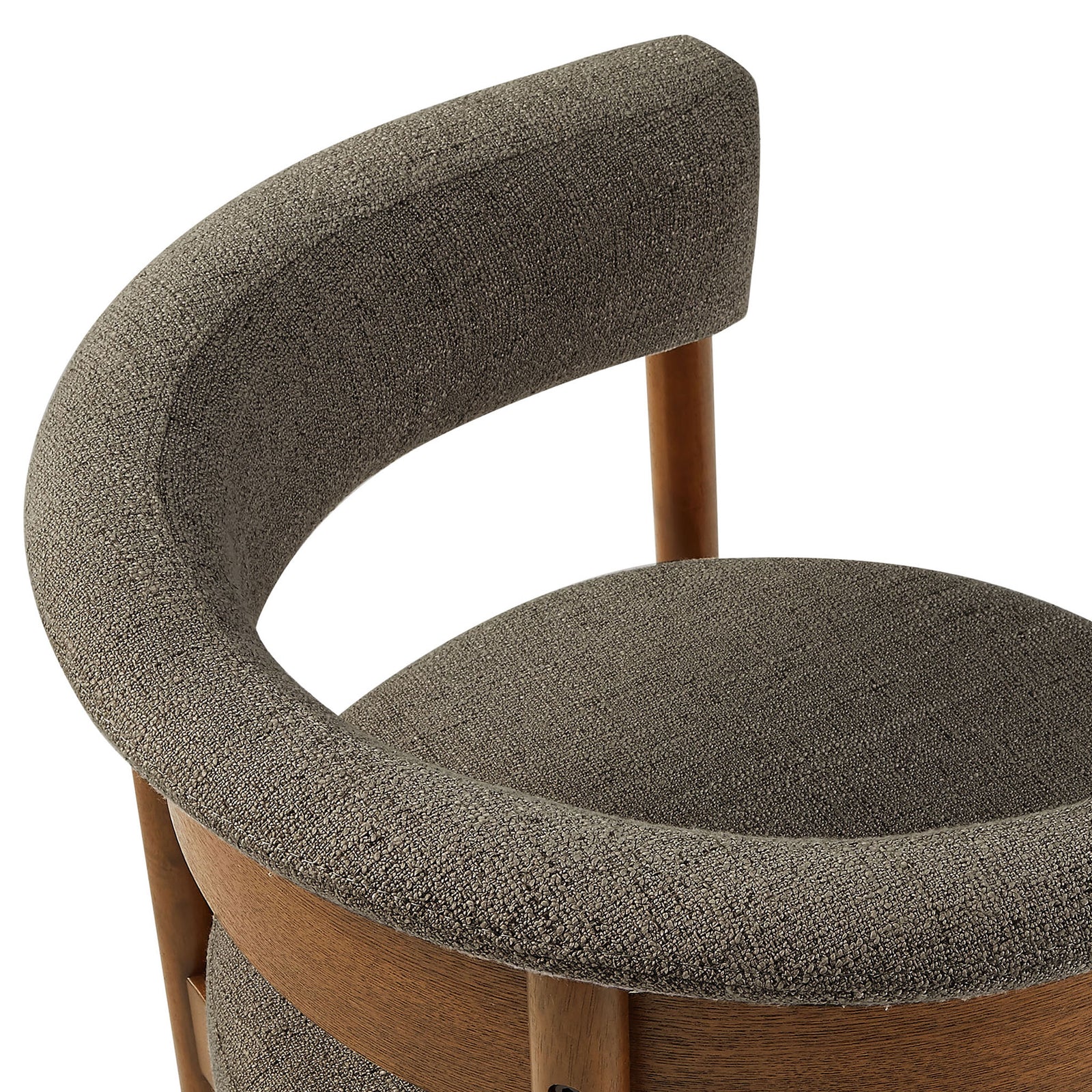 Textured taupe upholstery and plush circular seat on a gently curved backrest || EEI-7467-TAU || detail_studio