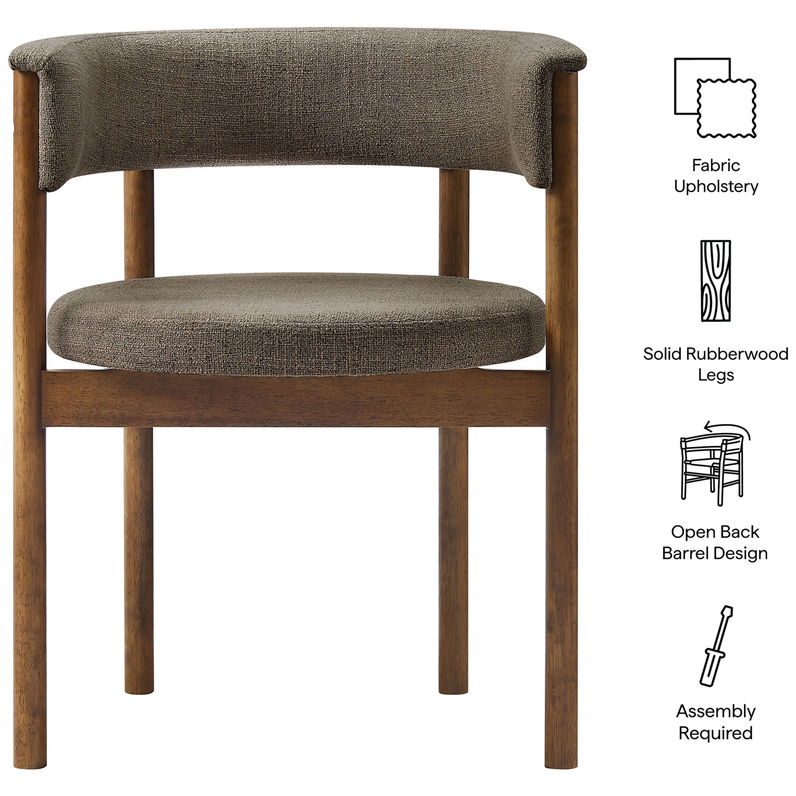 Taupe curved dining chair with fabric upholstery, solid wood legs, and open barrel back || EEI-7467-TAU || callout_studio