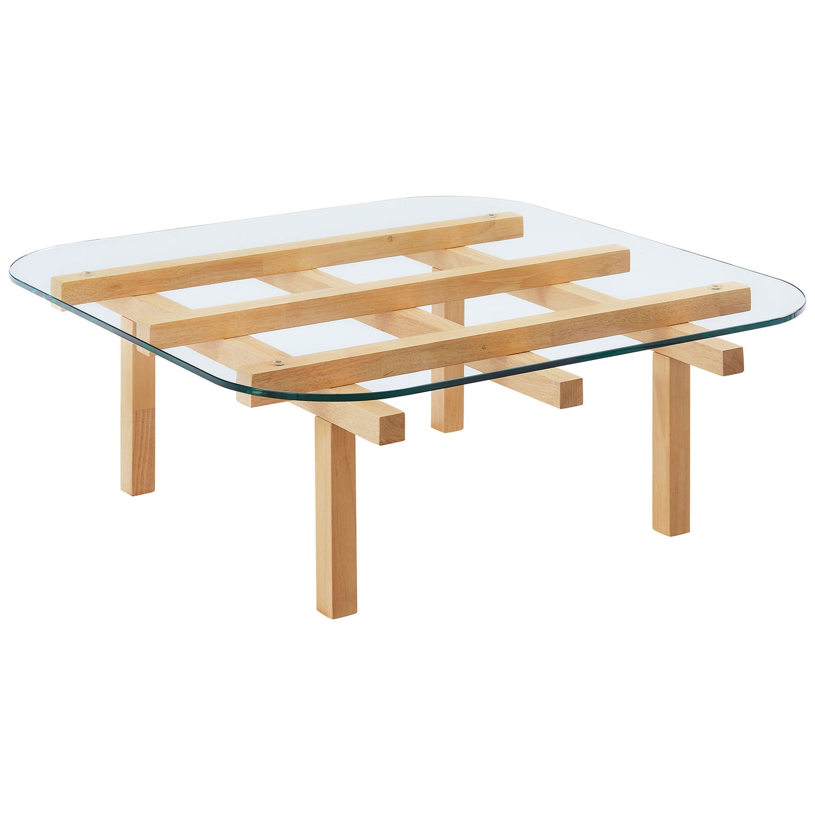 Clear tempered glass top with rounded corners over an oak-finished rubberwood lattice base. || EEI-7468-OAK || front_angle_studio