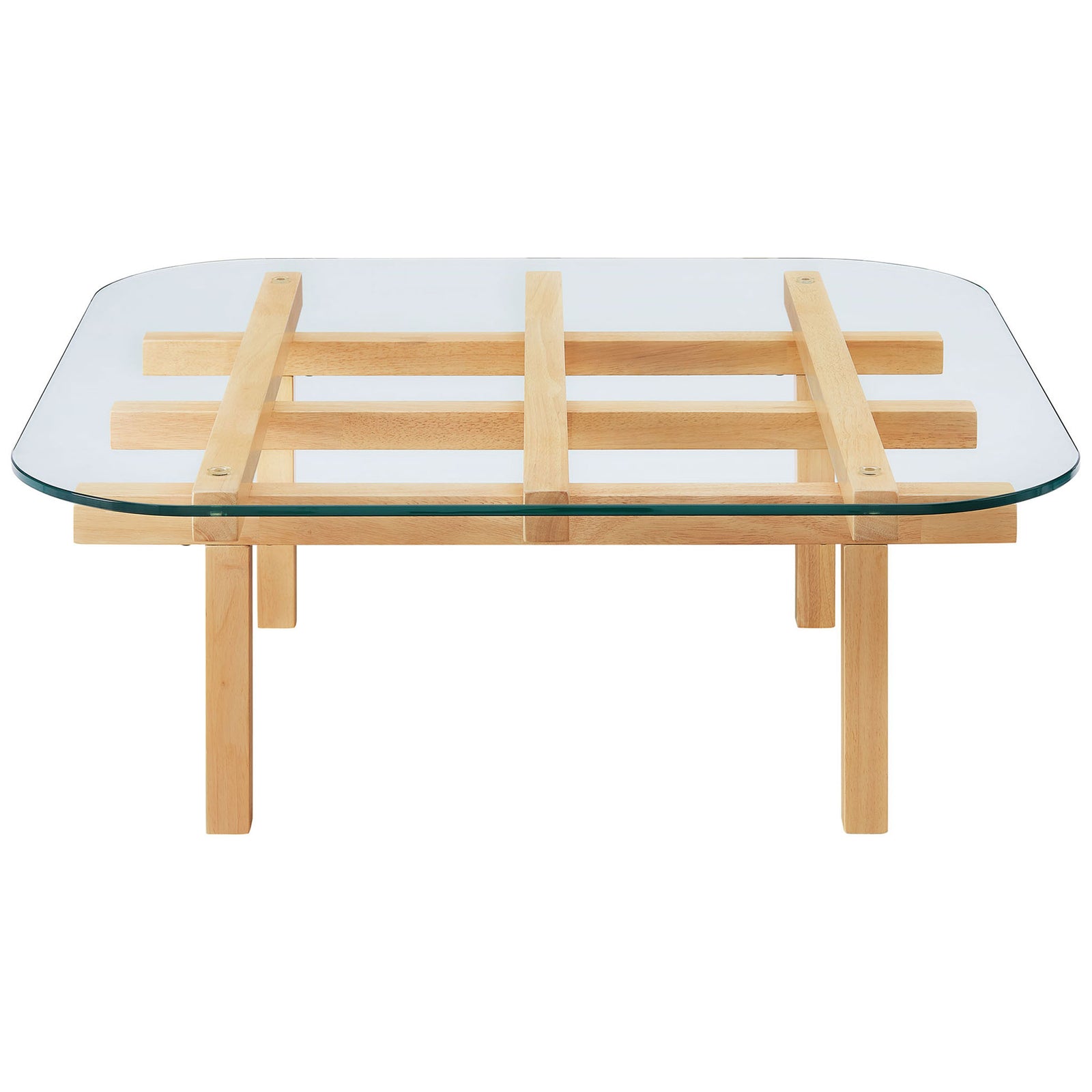 Sleek square coffee table with a transparent glass surface and sturdy oak-finished wood frame. || EEI-7468-OAK || front_studio