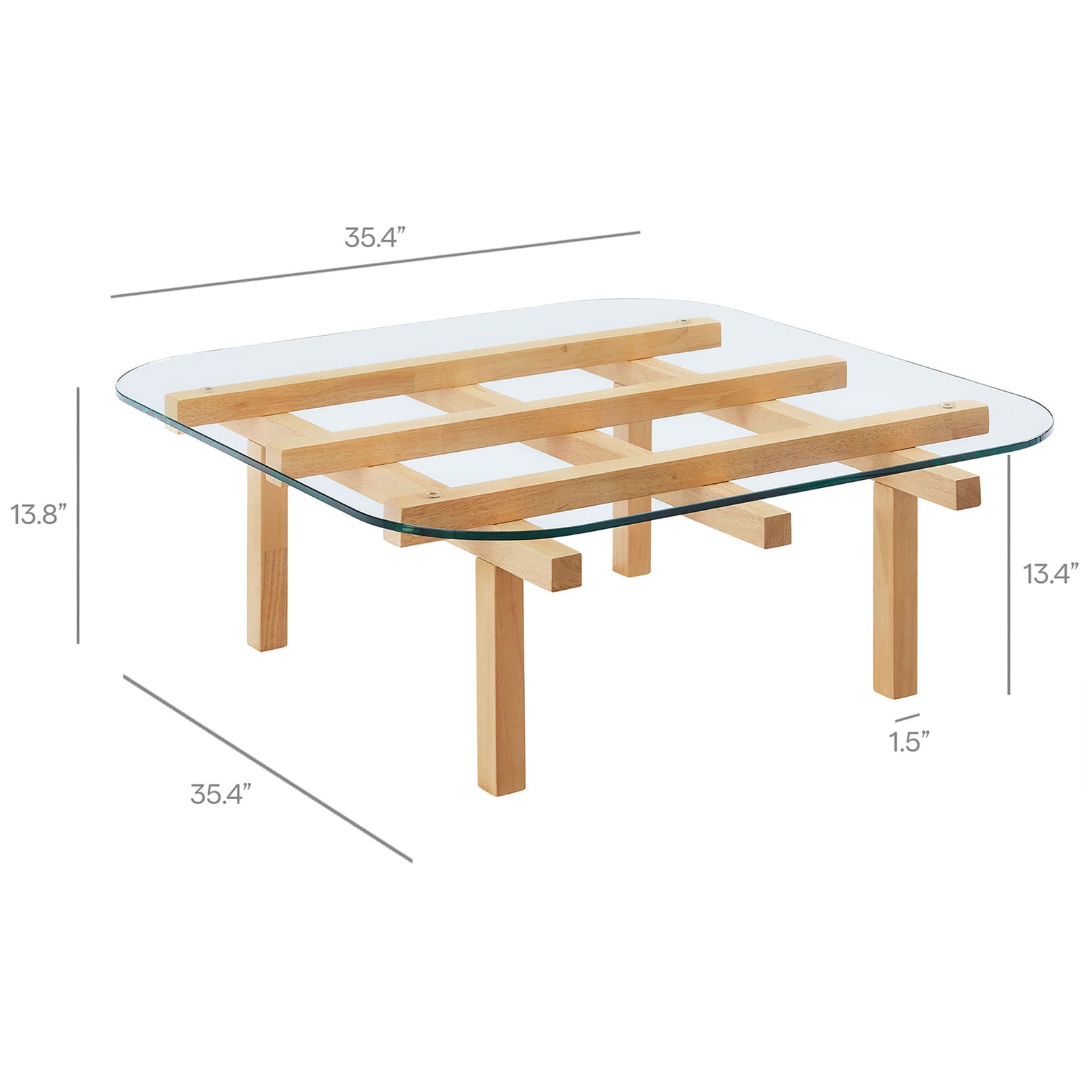 Measures 35.4 in. square and 13.8 in. high with a clear tempered glass top and wood lattice base. || EEI-7468-OAK || dimension_studio