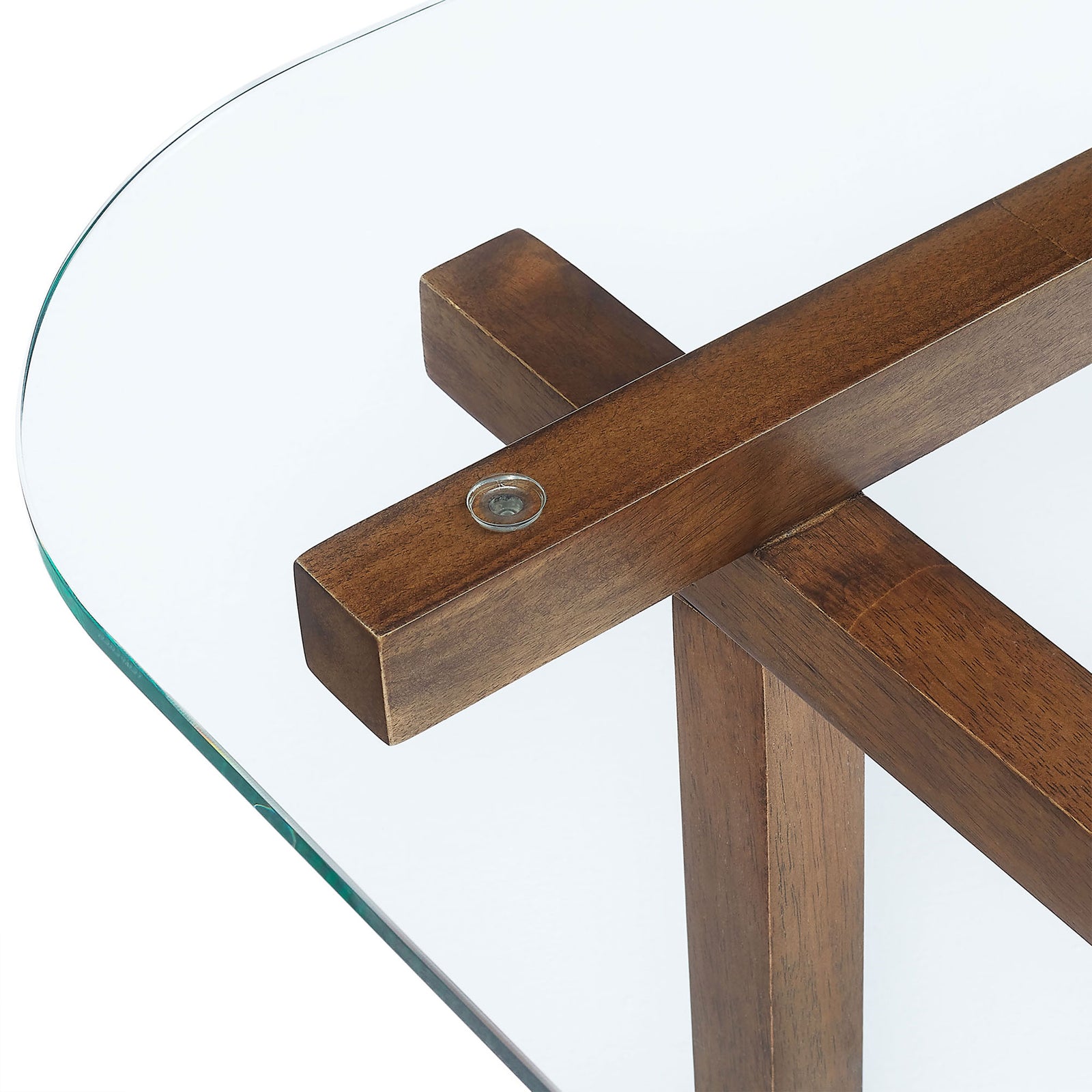 Close view of the clear glass edge and metal fastener anchored to the walnut beam || EEI-7468-WAL || detail_studio