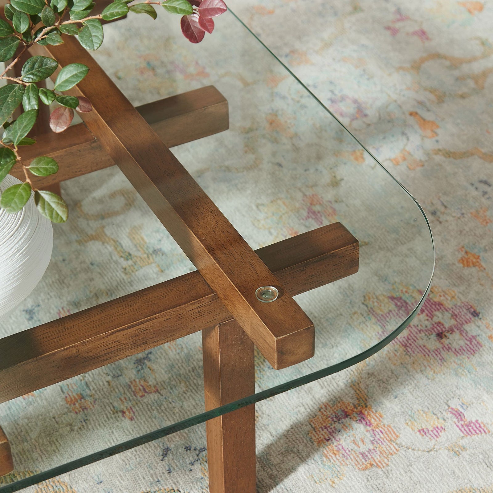 Rounded glass edge and walnut beam detail bring modern warmth to your living room || EEI-7468-WAL || detail_room