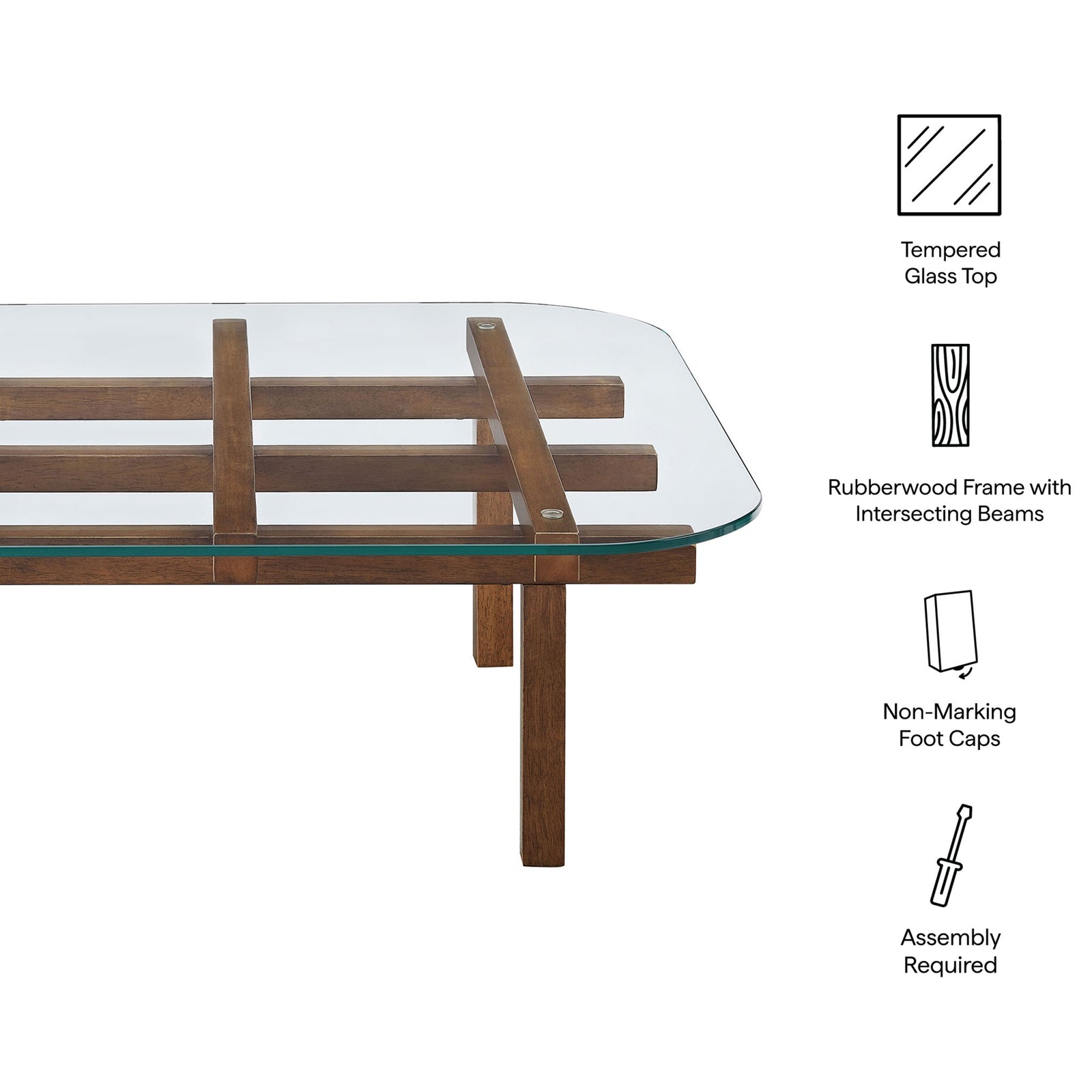 Feature callouts highlight the tempered glass top, intersecting rubberwood beams, and foot caps || EEI-7468-WAL || callout_studio